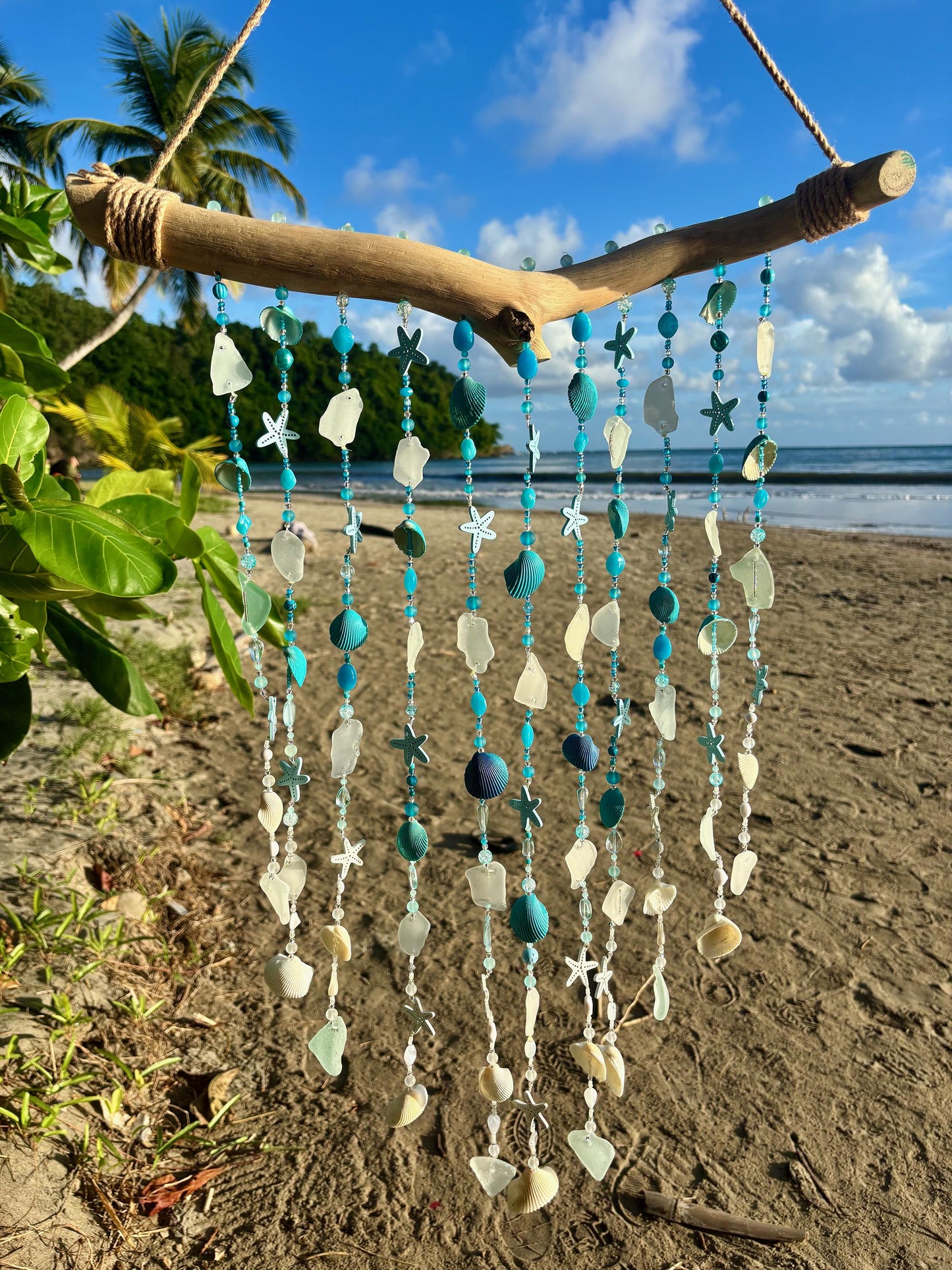 Coastal Sun Catcher - Wind Chime / Beach Glass & Shell, Beads and Driftwood Wind Chime - Tropical Decor -Housewarming Gift