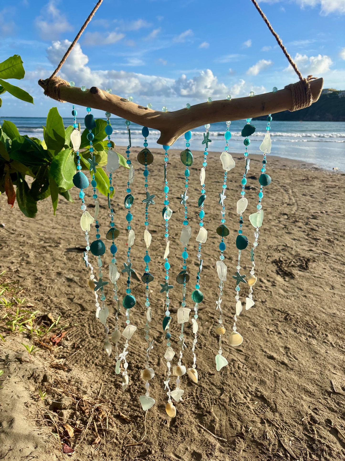 Coastal Sun Catcher - Wind Chime / Beach Glass & Shell, Beads and Driftwood Wind Chime - Tropical Decor -Housewarming Gift