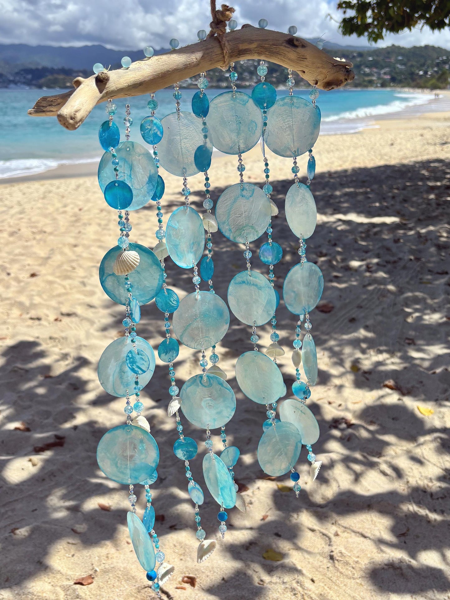 Capiz Shell wind chime with shells, glass beads on Driftwood. Gift for Beach Lovers