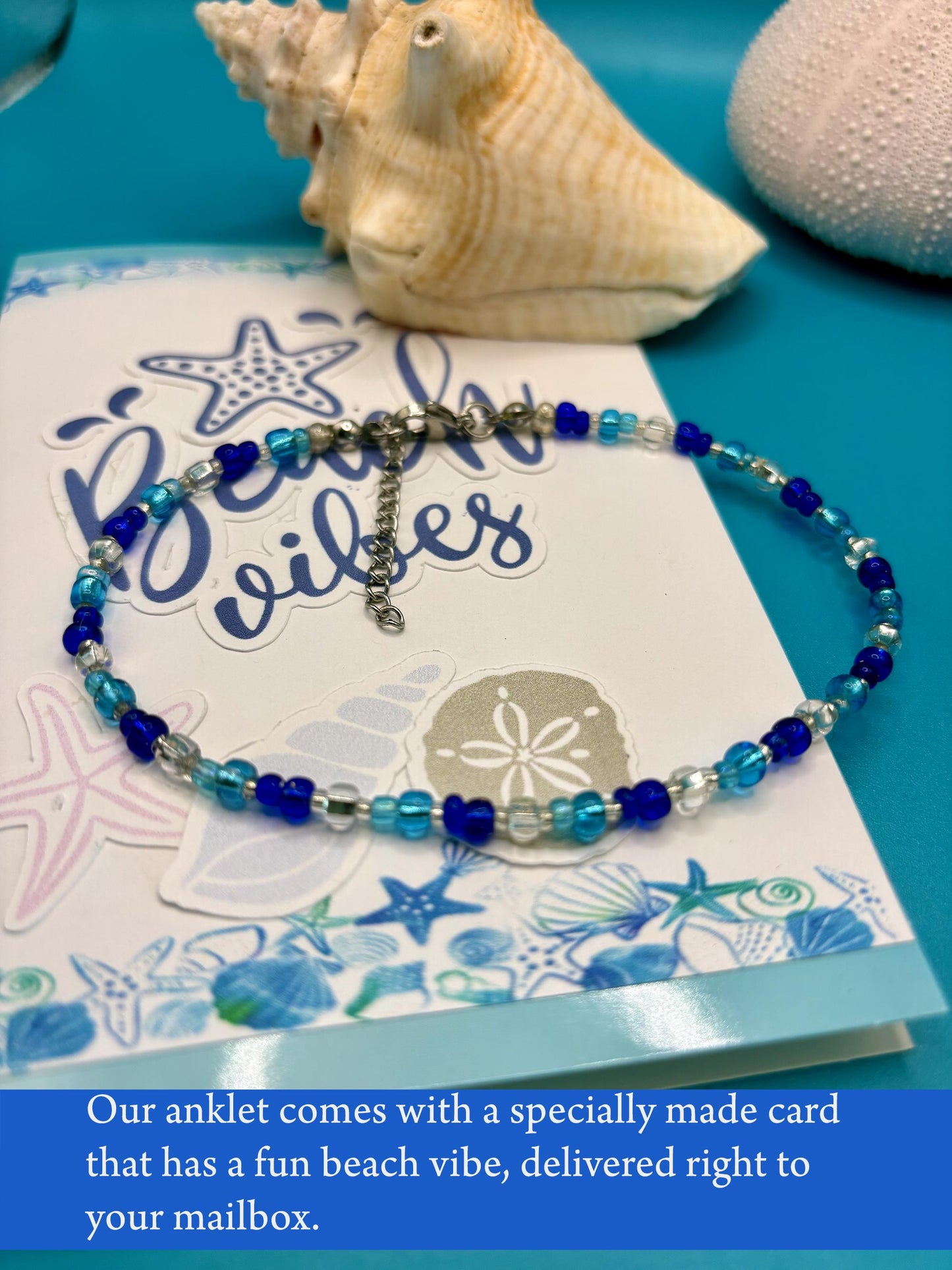 Blue Beaded Anklet with card - Perfect for the beach or Pool