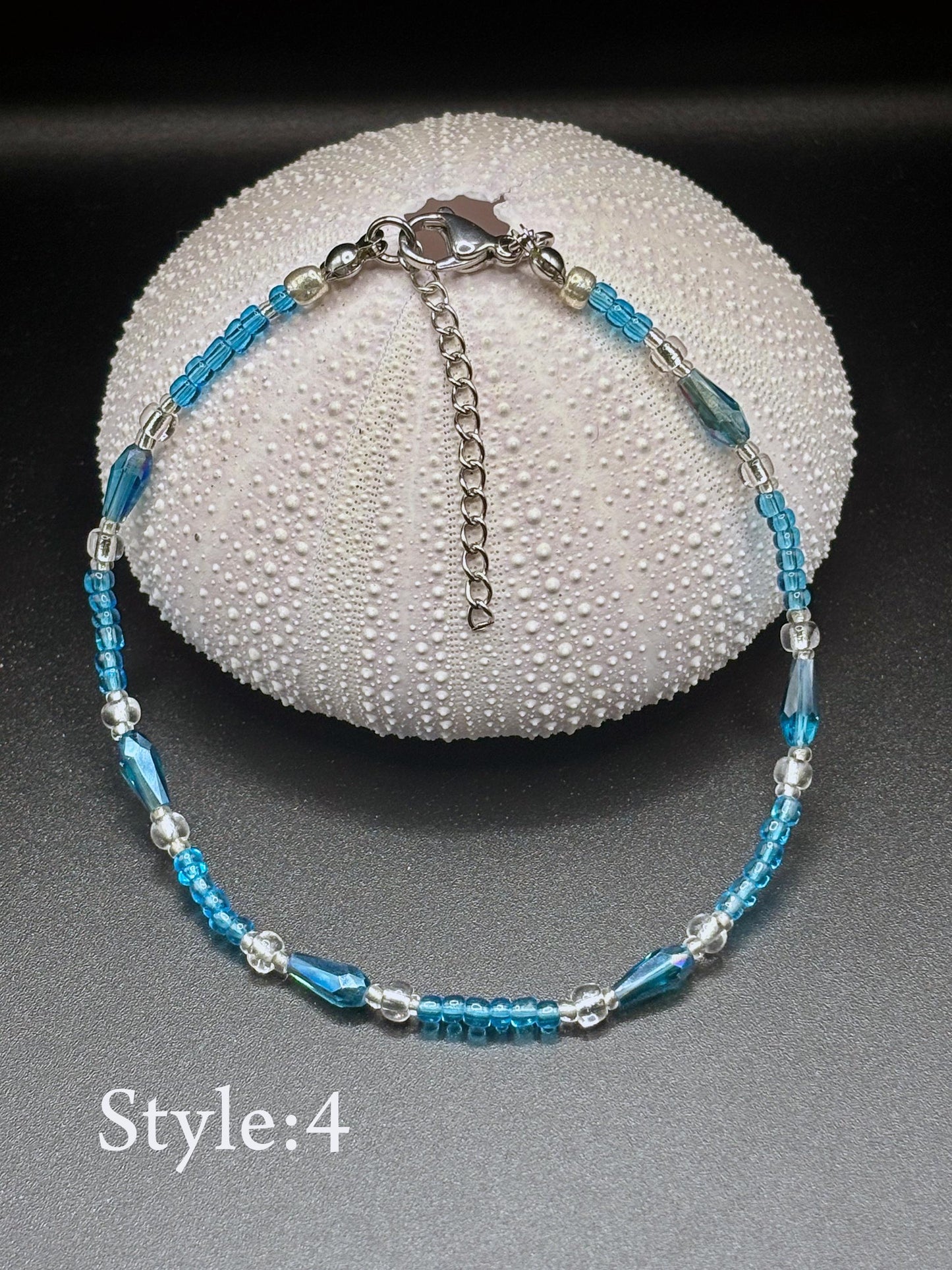 Blue, Silver beaded anklet. glitter and shine