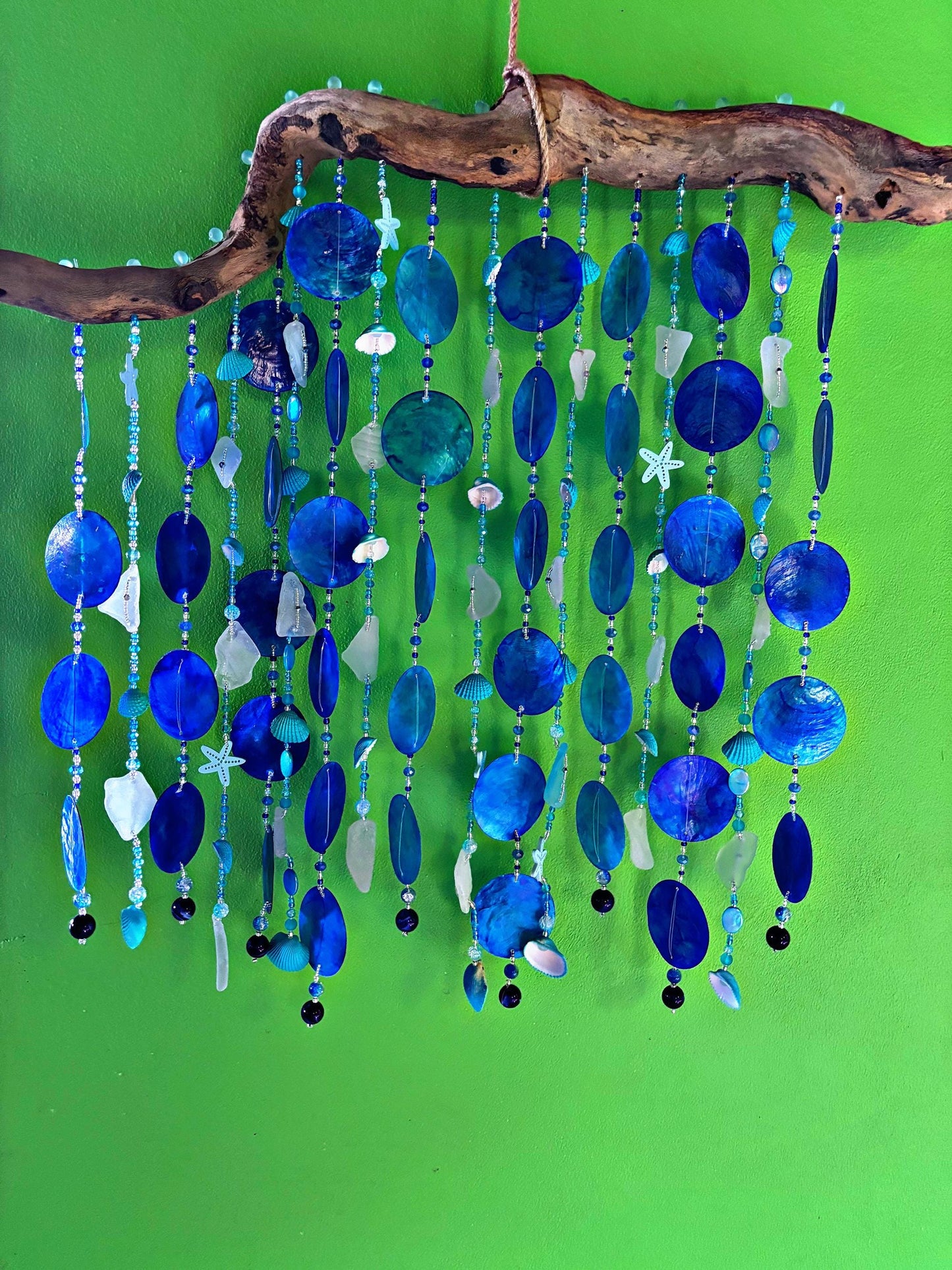 Blue Large Capiz Shell Wind Chime with Sea Glass, glass beads on Driftwood - Tropical Decor and a perfect gift for Beach Lovers
