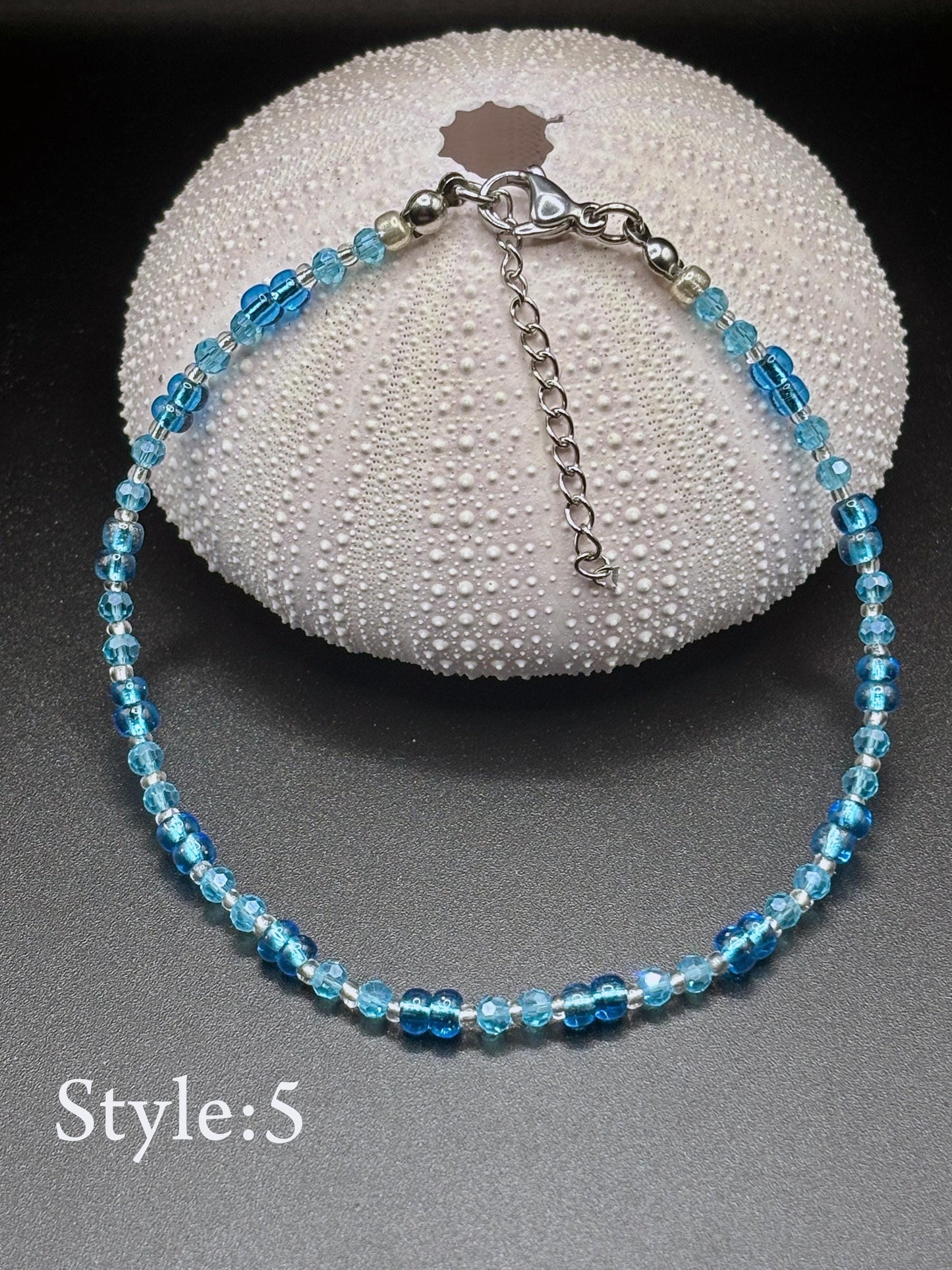 Turquoise, Silver beaded anklet. glitter and shine
