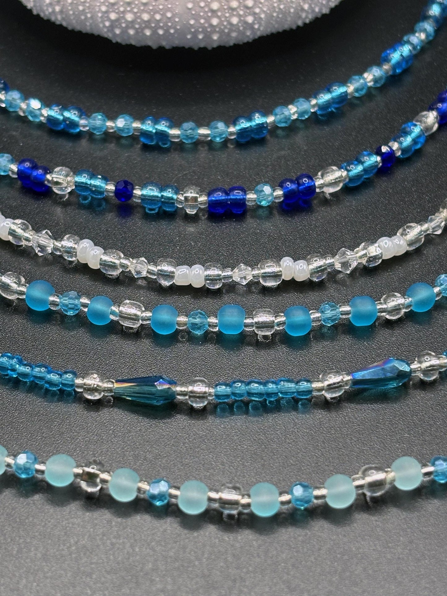Blue, White, Silver beaded anklet. glitter and shine