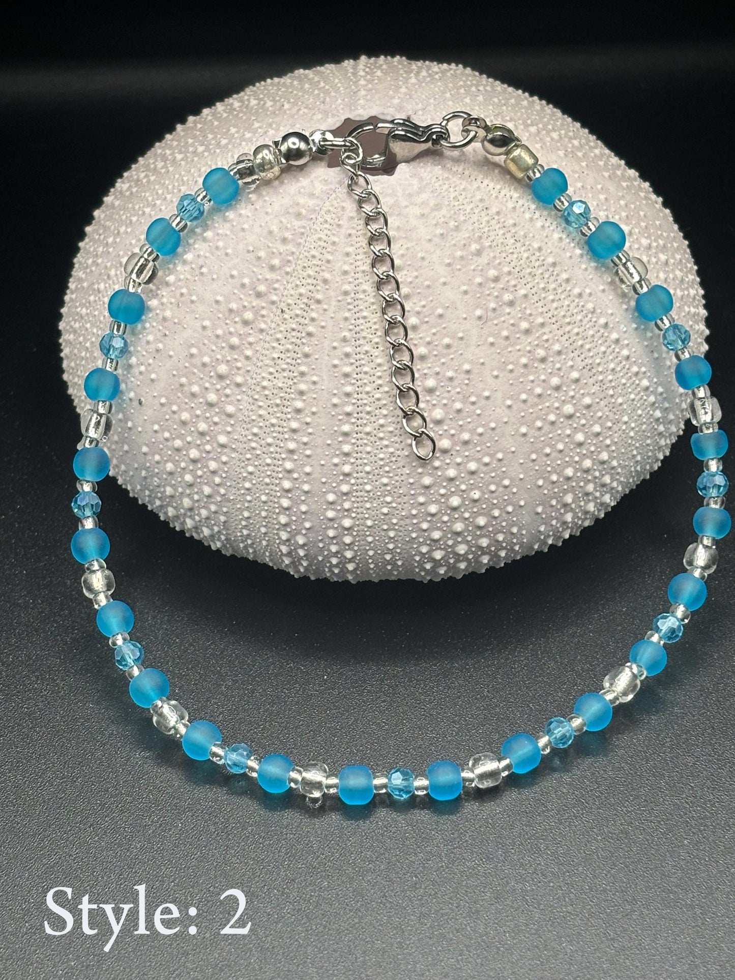 Blue, White, Silver beaded anklet. glitter and shine