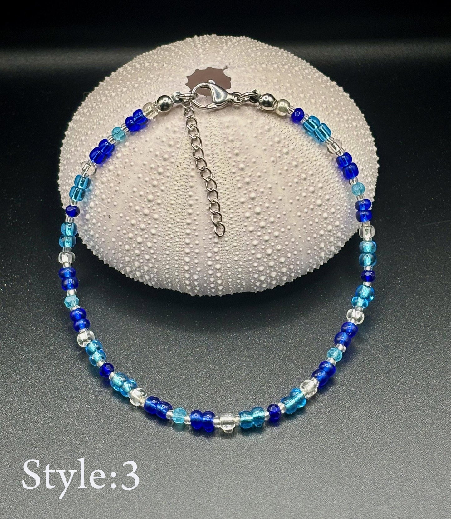 Blue, Silver beaded anklet. glitter and shine