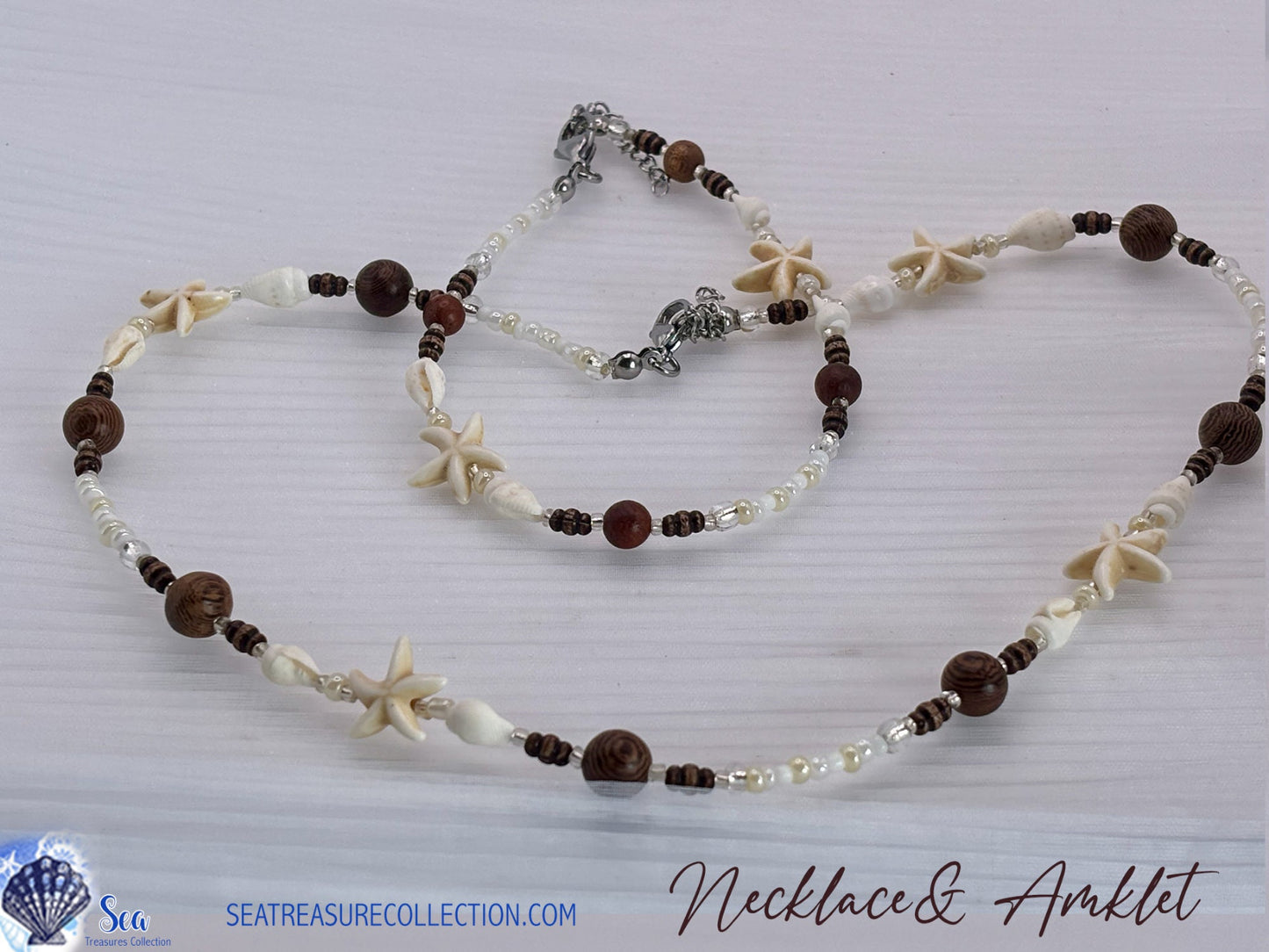 Necklace and anklet set with starfish and bead design on a white background