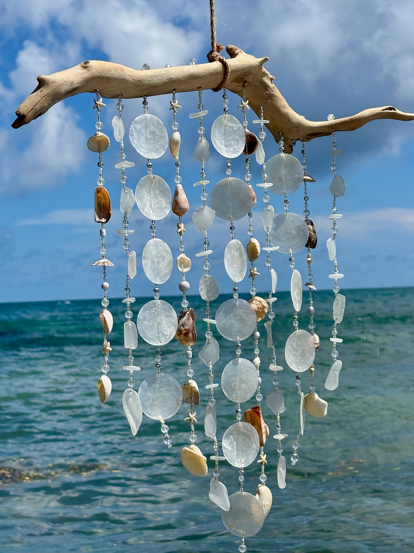 Decorative wind chime with natural elements against a blue sky and ocean background