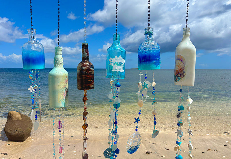 Rum Bottle Sea Glass and Shell Wind Chimes & Sun Catcher, Caribbean Tropical Decor