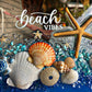 Seashells, starfish, and decorative elements with 'beach vibes' text on a blue and clear background.