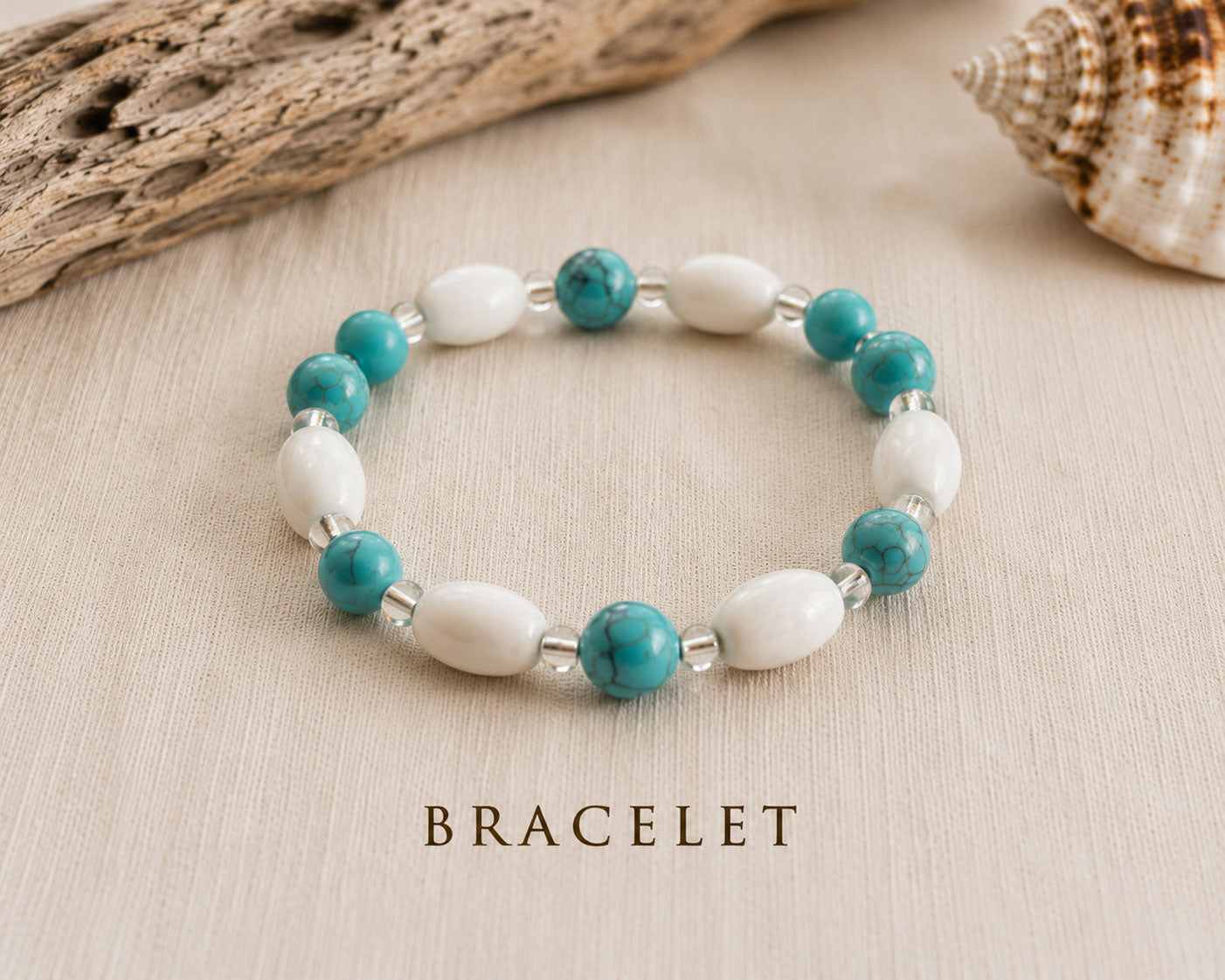 Handmade Caribbean Blue bracelet with turquoise and white wooden beads on elastic cord, handcrafted in Grenada.