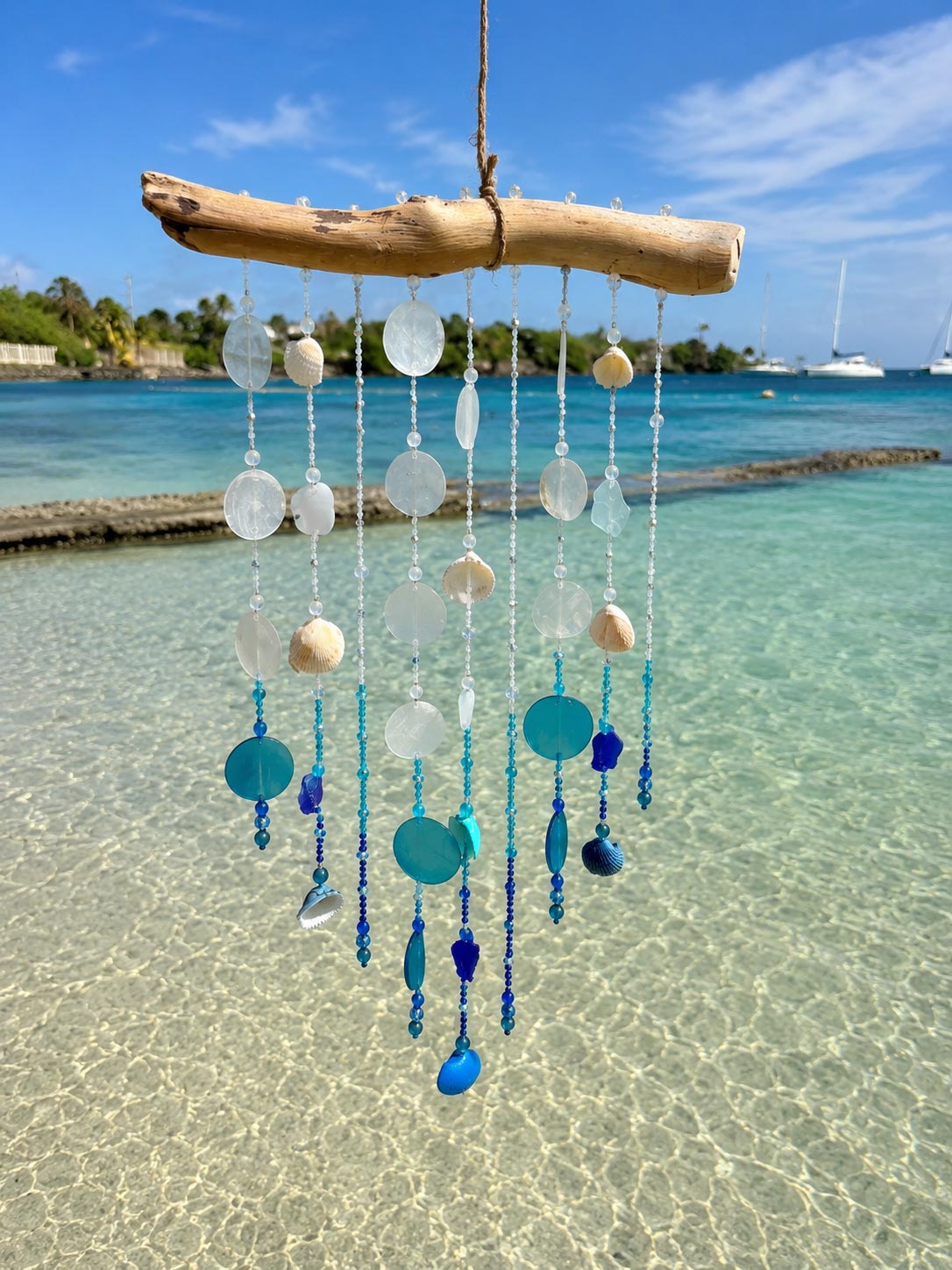Caribbean Sparkle Driftwood Wind Chime handcrafted in Grenada