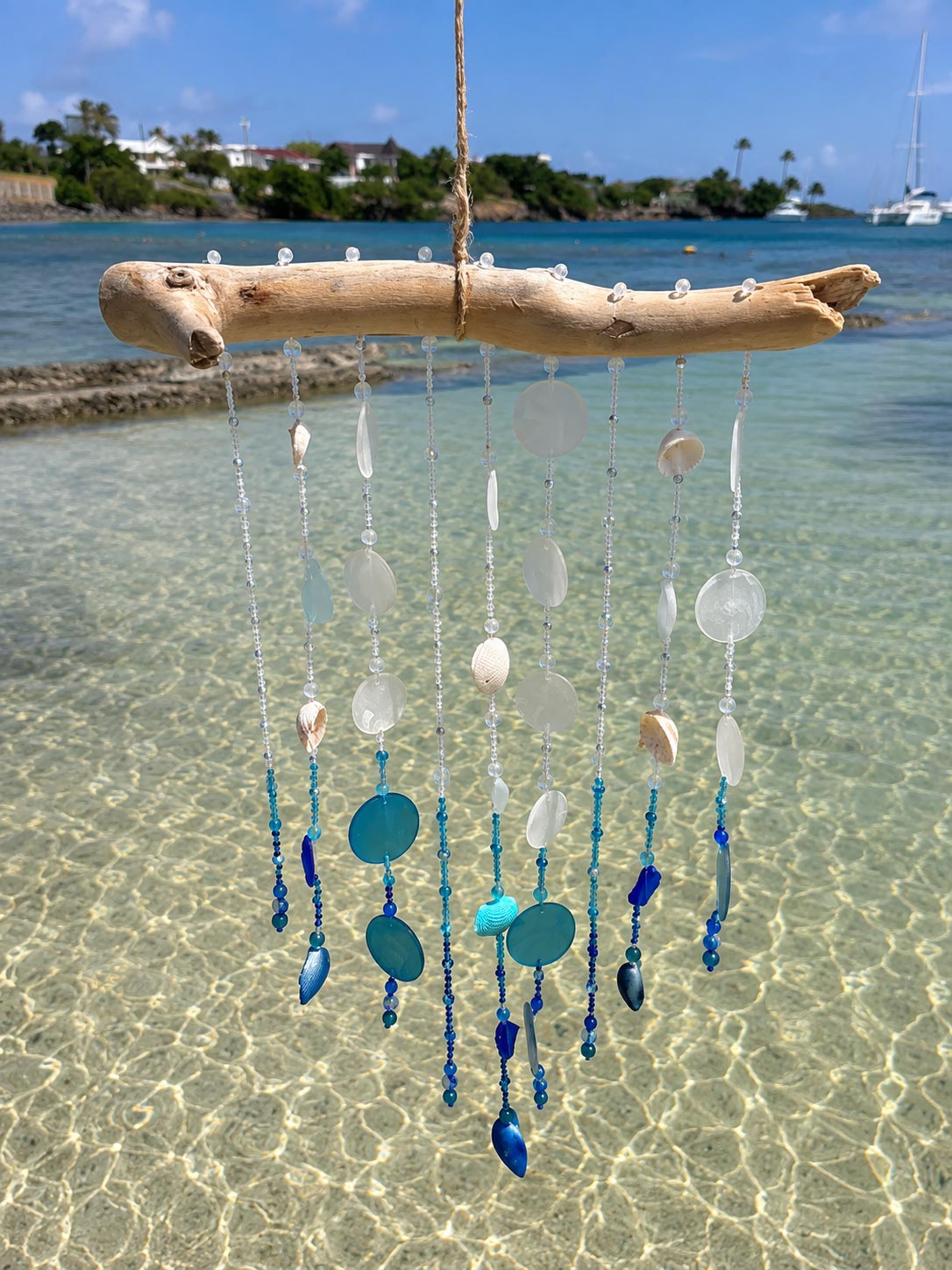 Caribbean Sparkle Driftwood Wind Chime – Sea Glass & Shells