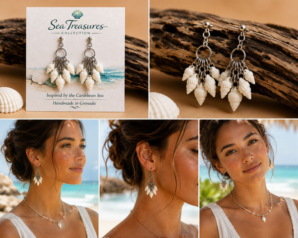 Delicate Whispering Shell Earrings handcrafted in Grenada with natural shells and stainless steel findings