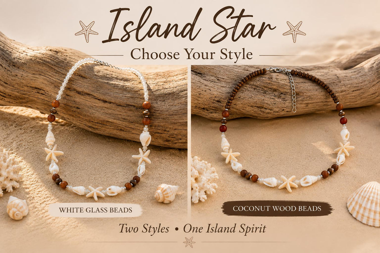 Island Star handmade shell necklace available in White Glass Beads or Coconut Wood Beads.
