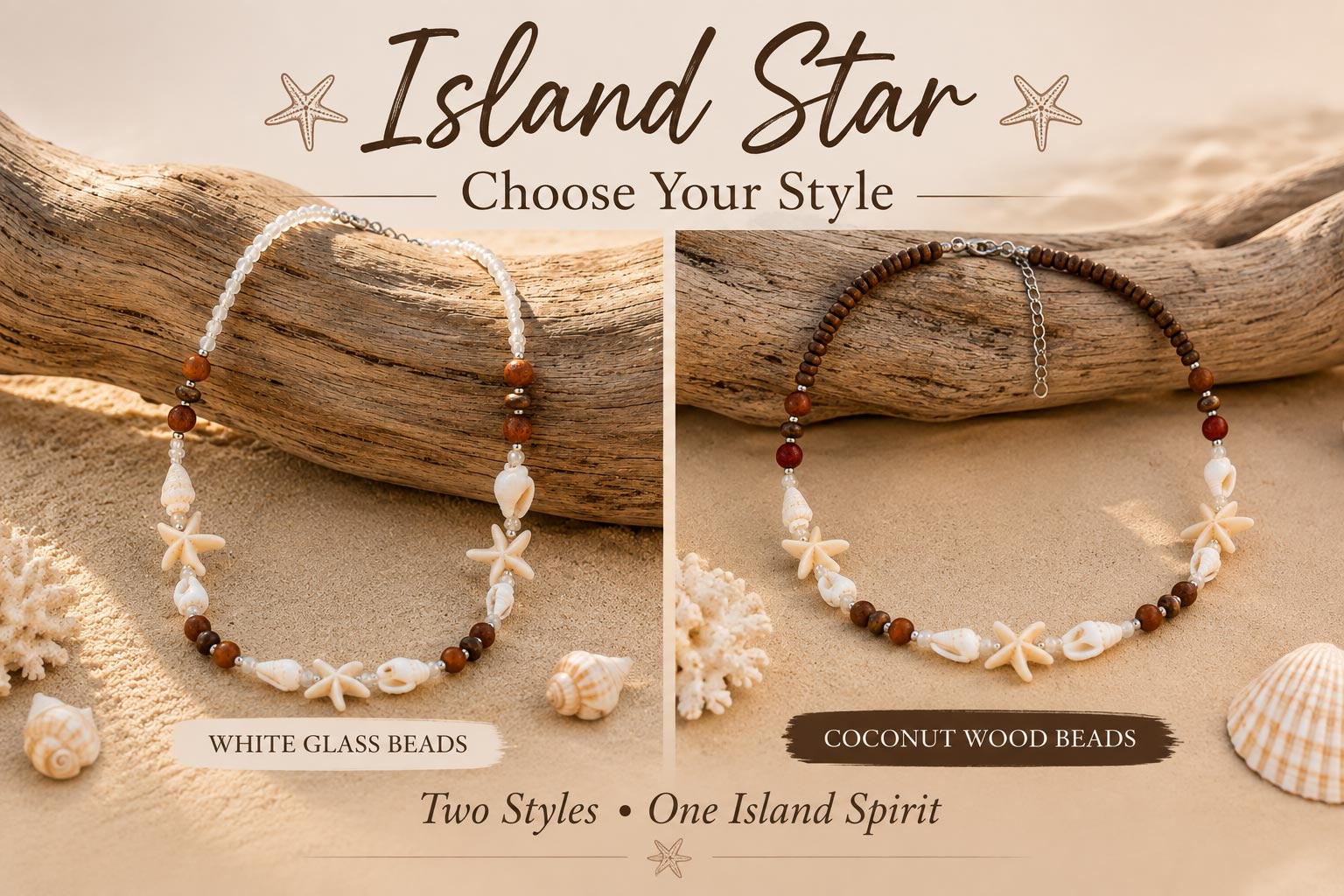 Island Star handmade shell necklace available in White Glass Beads or Coconut Wood Beads.