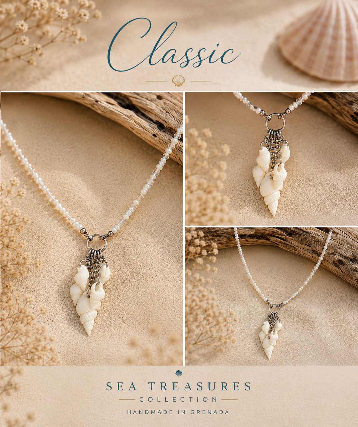 Handmade Whispering Shell Necklace Classic style with white seed beads, natural shells and stainless steel accents.