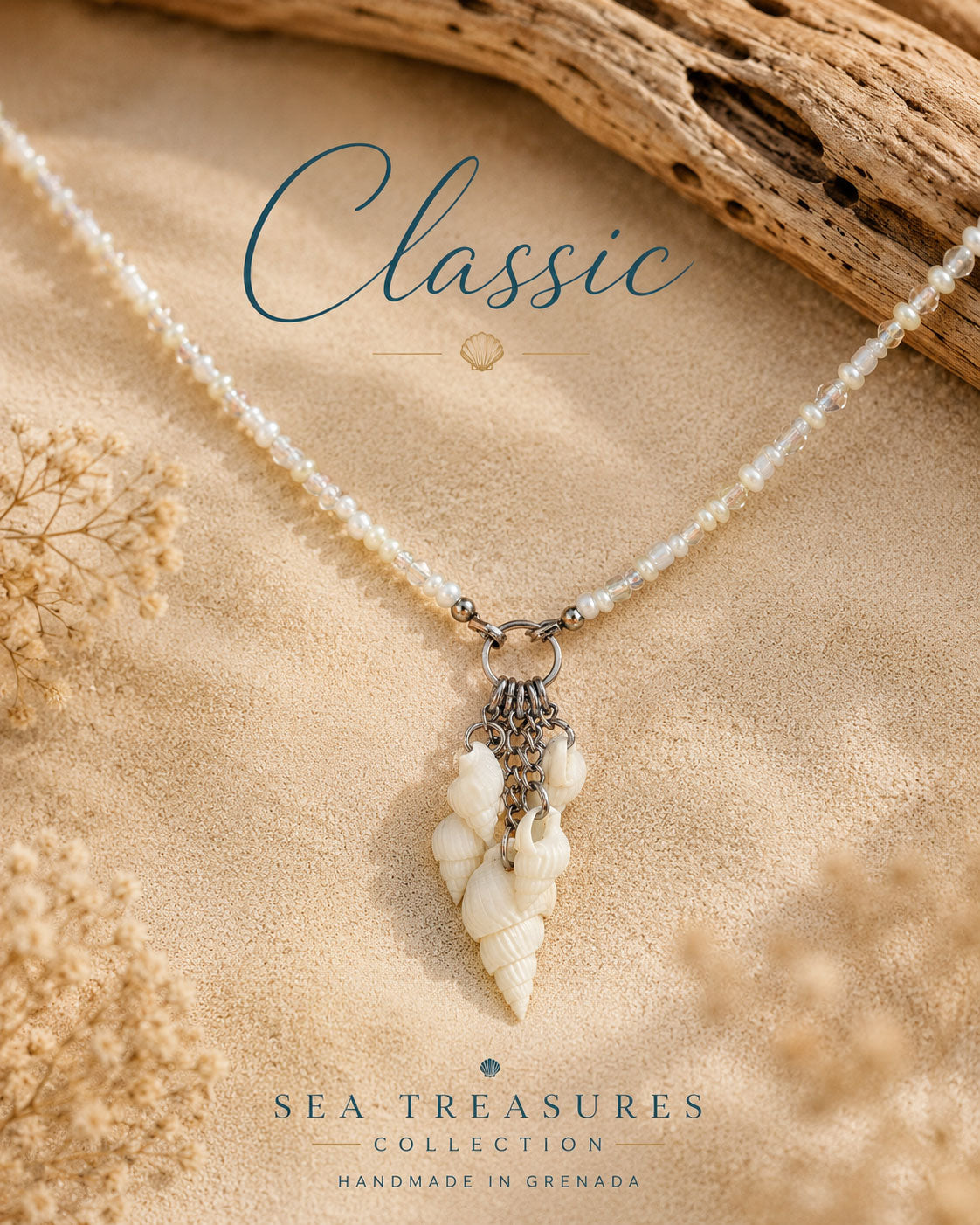 Handmade Whispering Shell Necklace Classic style with white seed beads, natural shells and stainless steel accents.