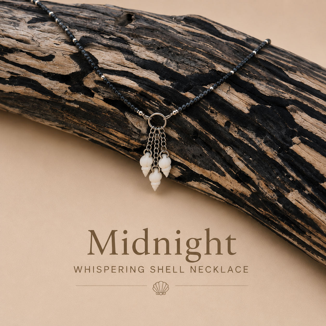 Handmade Whispering Shell Necklace Midnight style with black seed beads, natural shell pendant and stainless steel accents.
