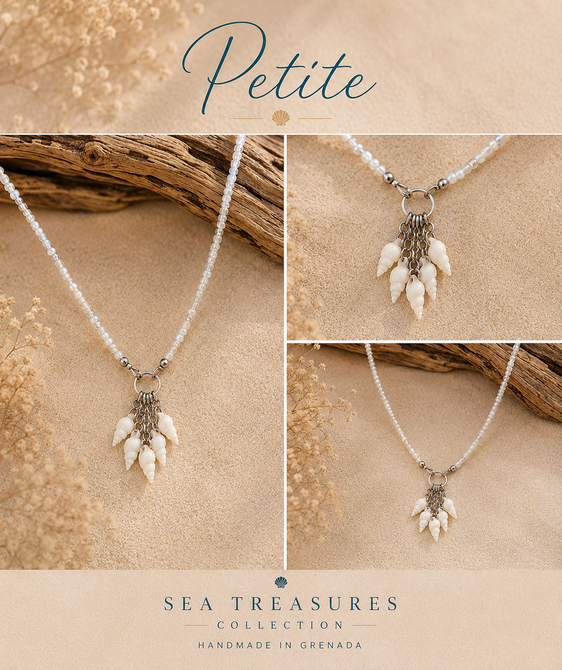 Minimalist Whispering Shell Necklace Petite style with delicate shell pendant and stainless steel findings.