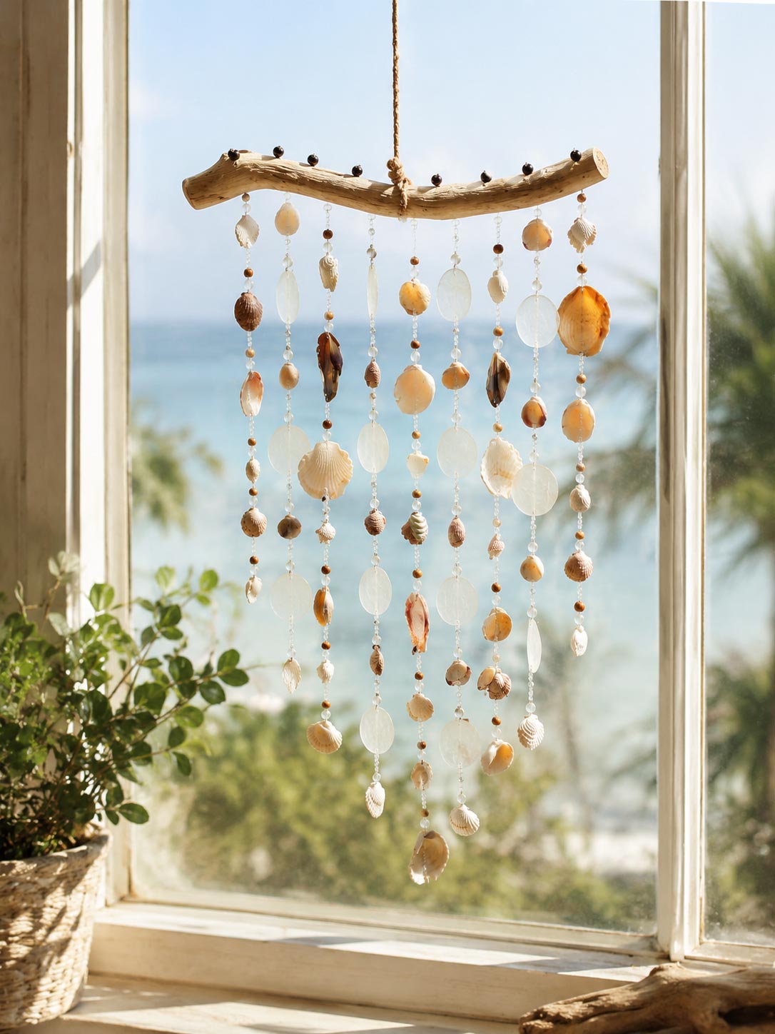 Seashell Serenity Driftwood Wind Chime displayed in a sunny coastal window overlooking the Caribbean.