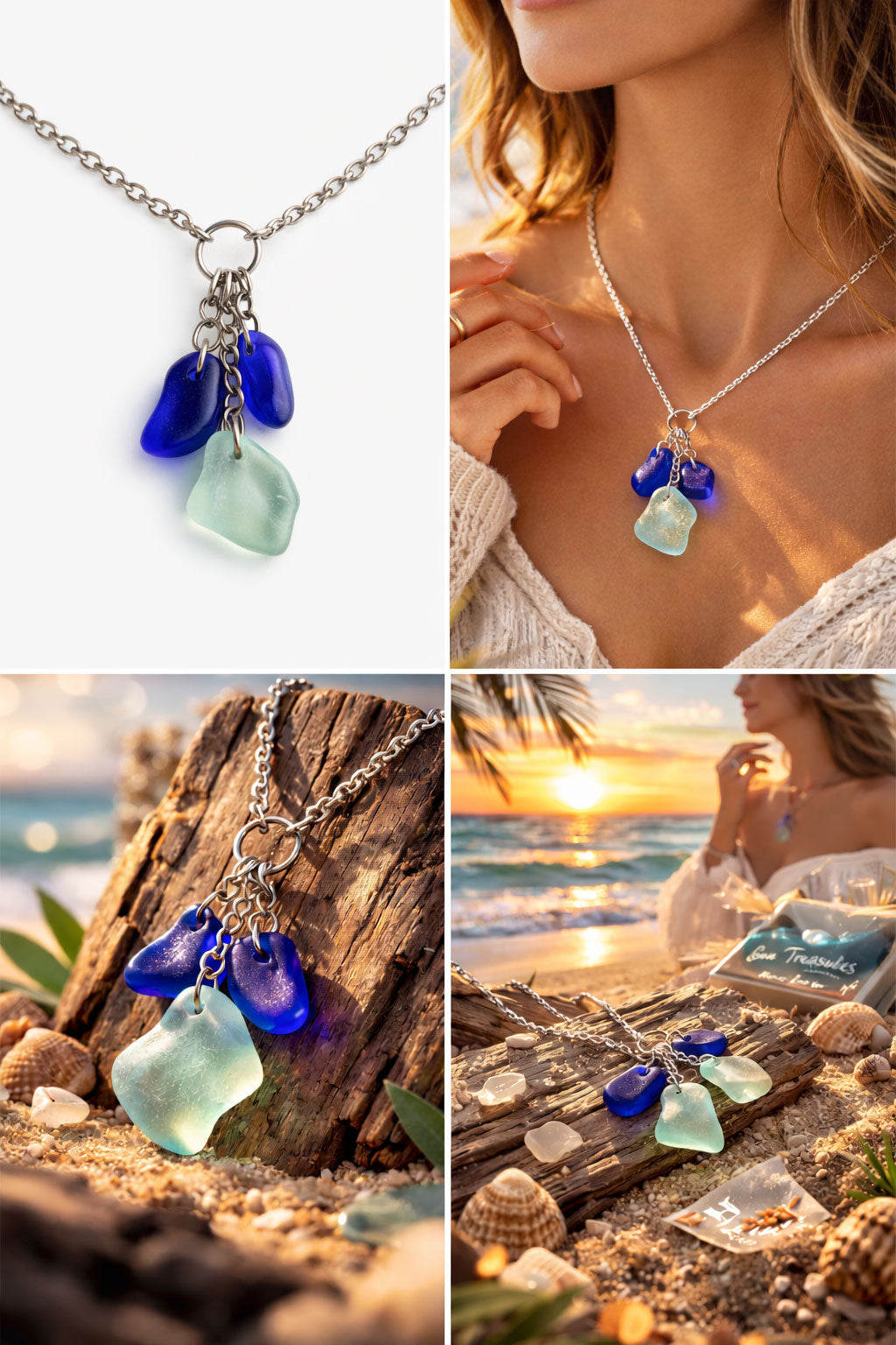 Necklace with blue and green sea glass pendants on a beach setting