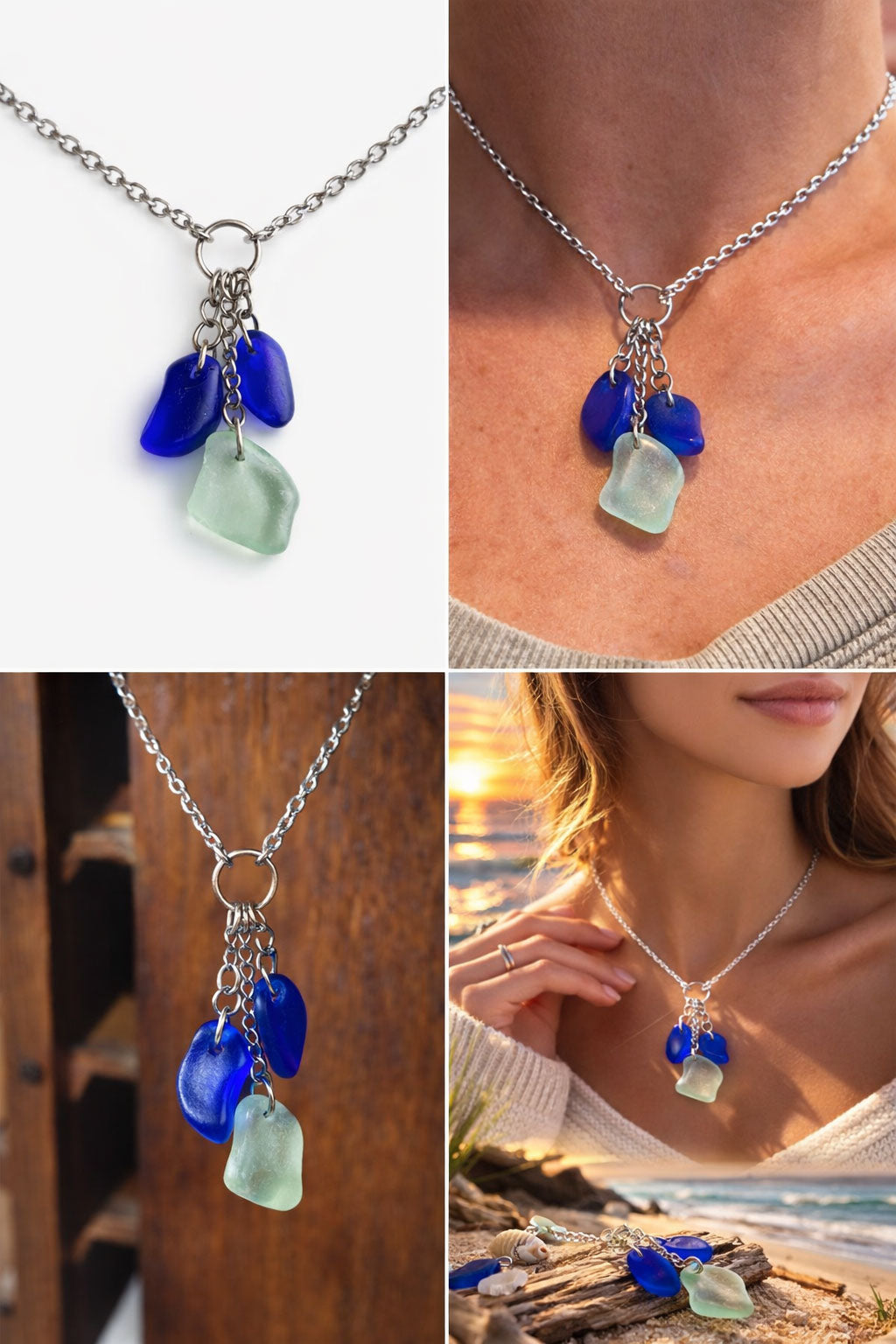 Necklace with blue and green pendant on a wooden surface, worn by a person, and displayed against a scenic background.