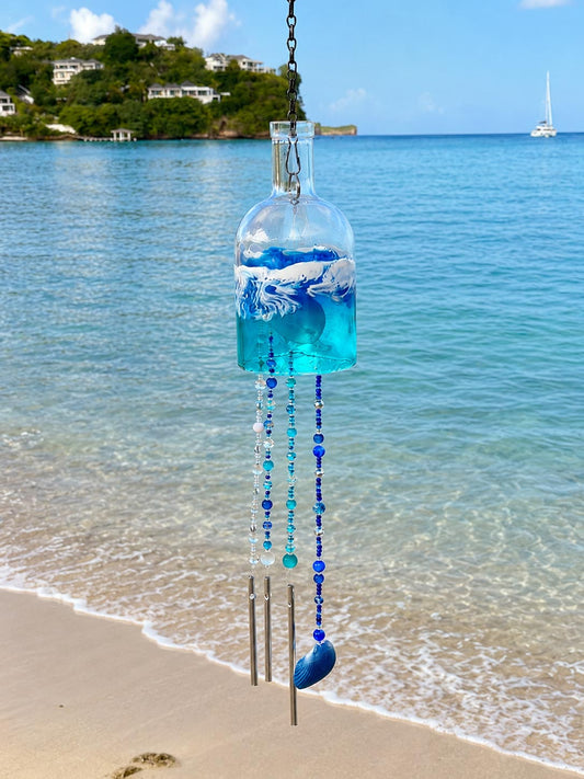 Handmade Glass Bottle Wind Chime | Sea Glass & Shell Coastal Decor