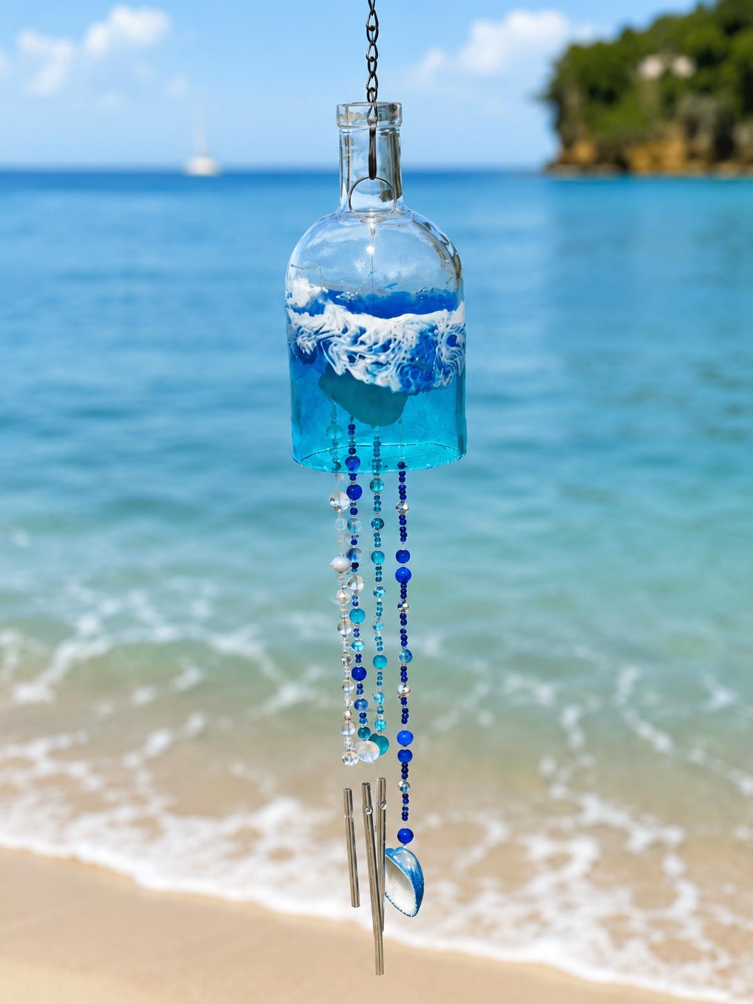 Handmade Glass Bottle Wind Chime | Sea Glass & Shell Coastal Decor