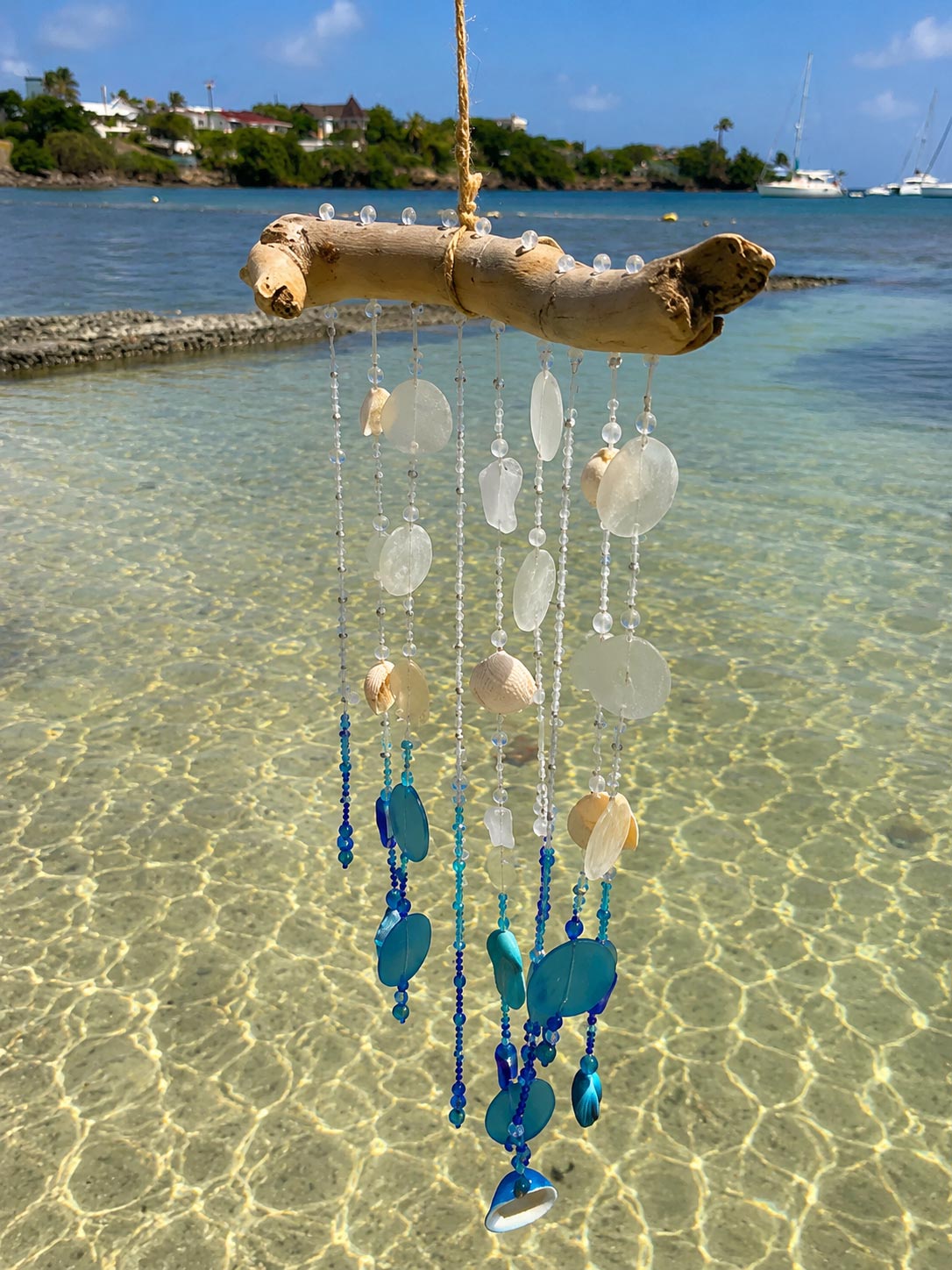 Blue sea glass driftwood wind chime