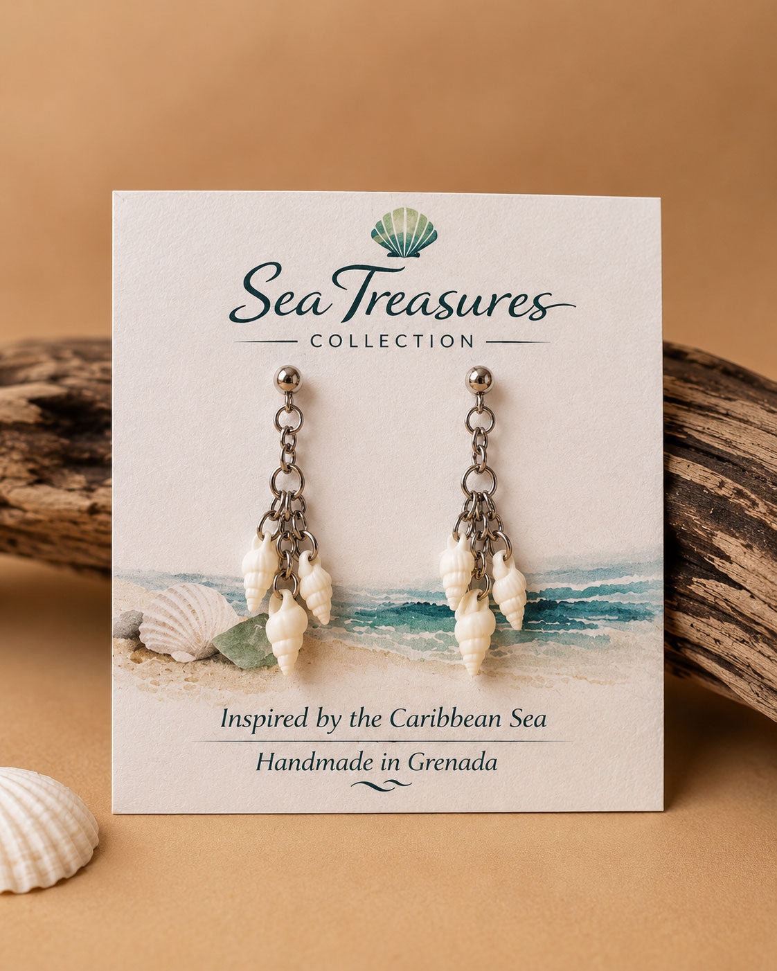 Close-up detail of Delicate Whispering Shell Earrings featuring natural Caribbean shells