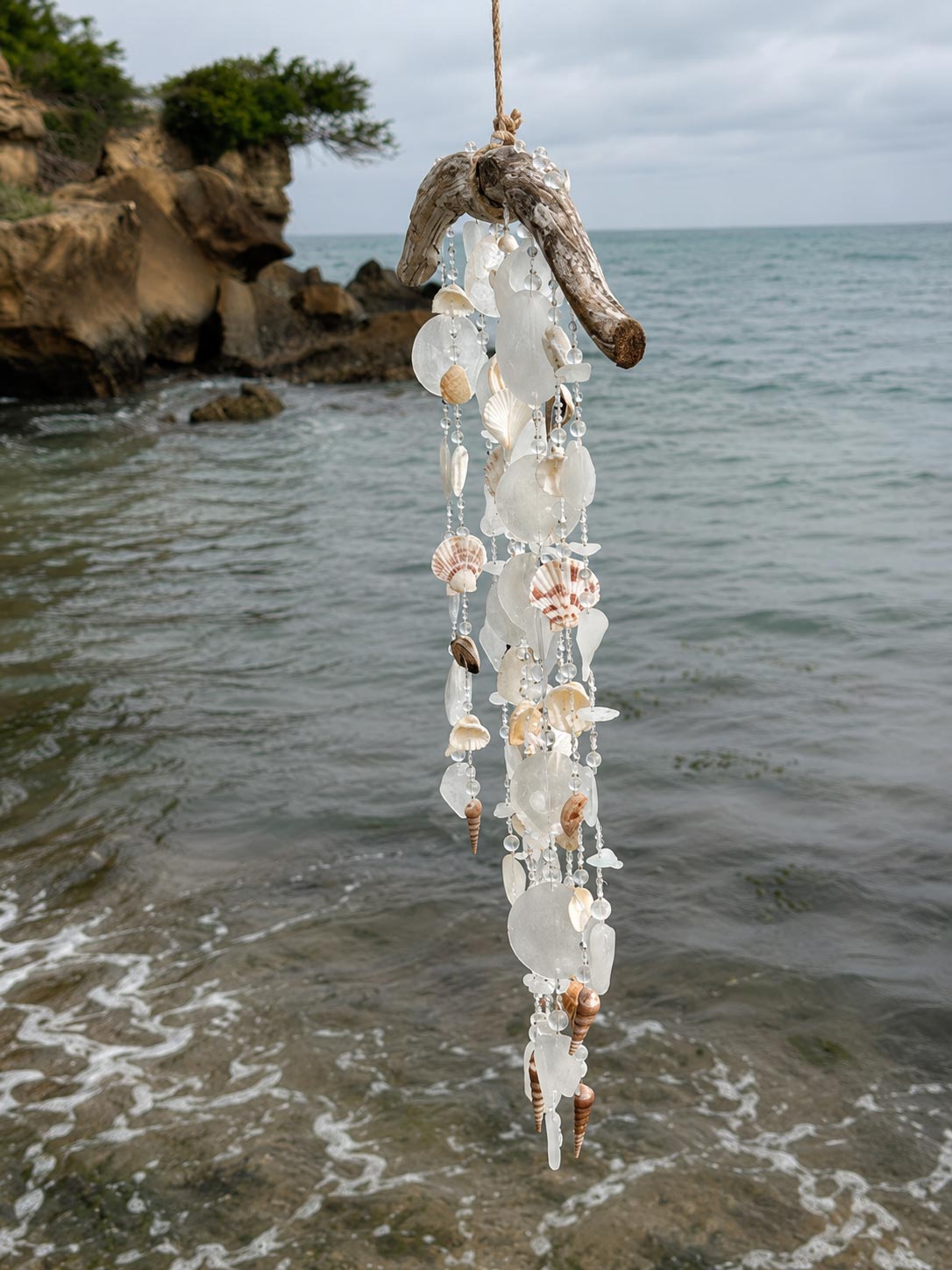 A hanging beach wind chime made from seashells and driftwood, suspended over a rocky shoreline and ocean background.