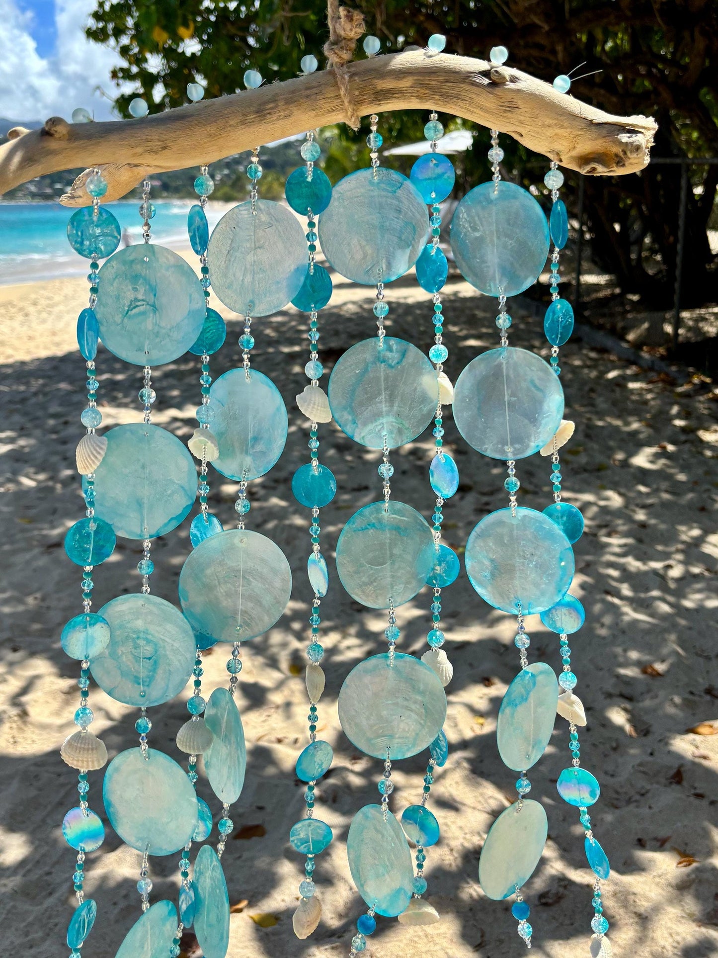 Capiz Shell wind chime with shells, glass beads on Driftwood.  Gift for Beach Lovers