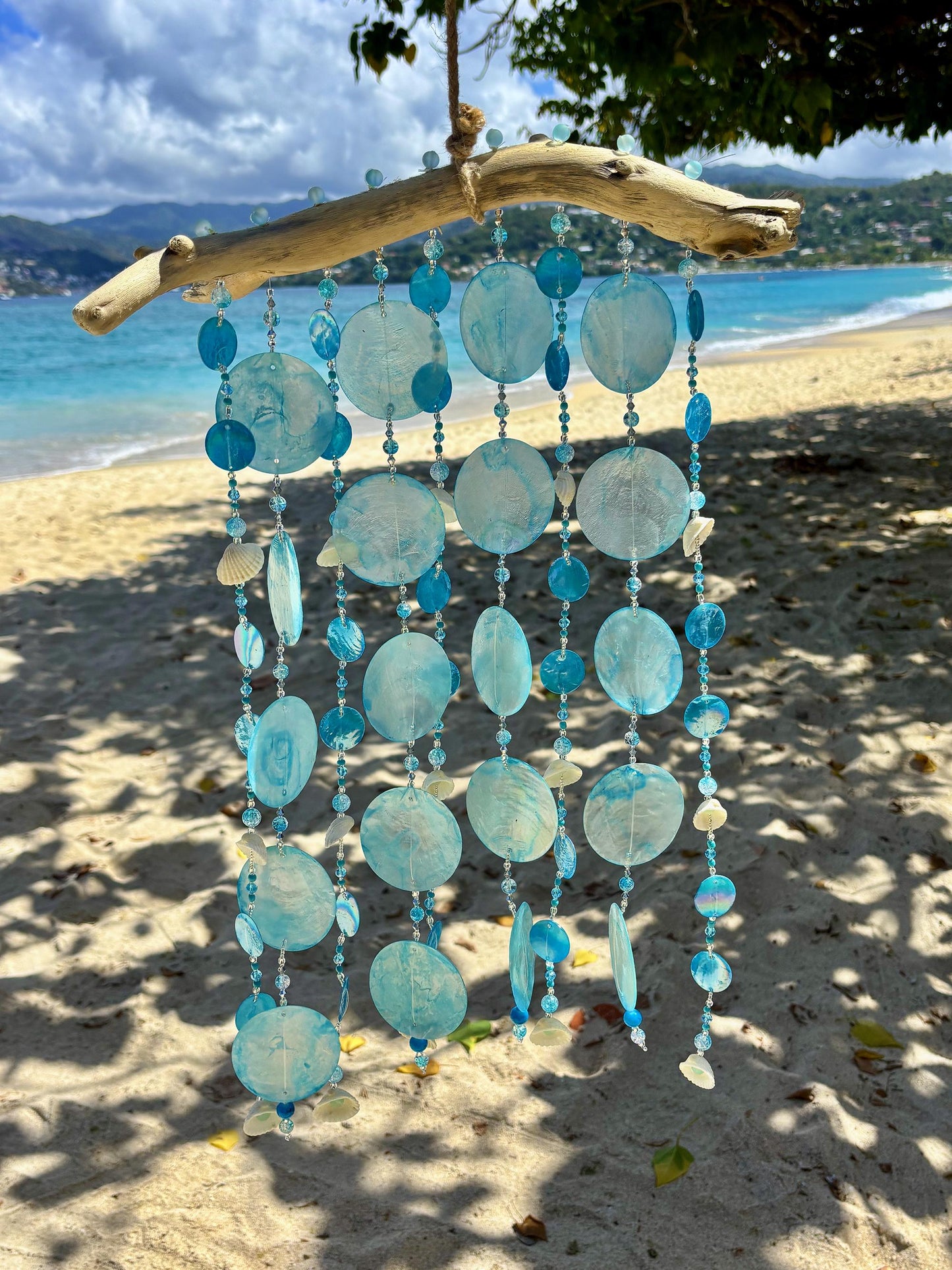 Capiz Shell wind chime with shells, glass beads on Driftwood.  Gift for Beach Lovers