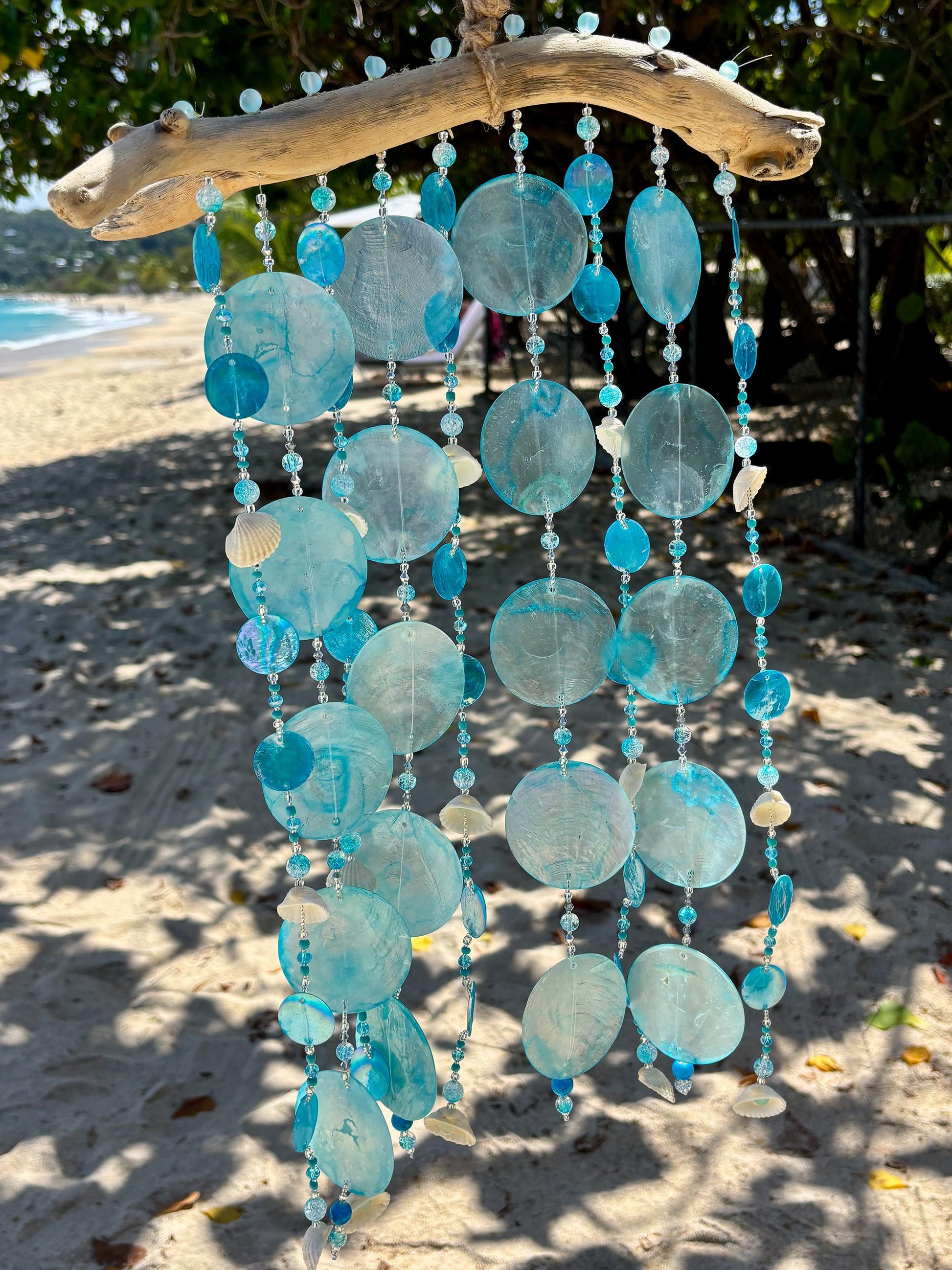 Capiz Shell wind chime with shells, glass beads on Driftwood.  Gift for Beach Lovers