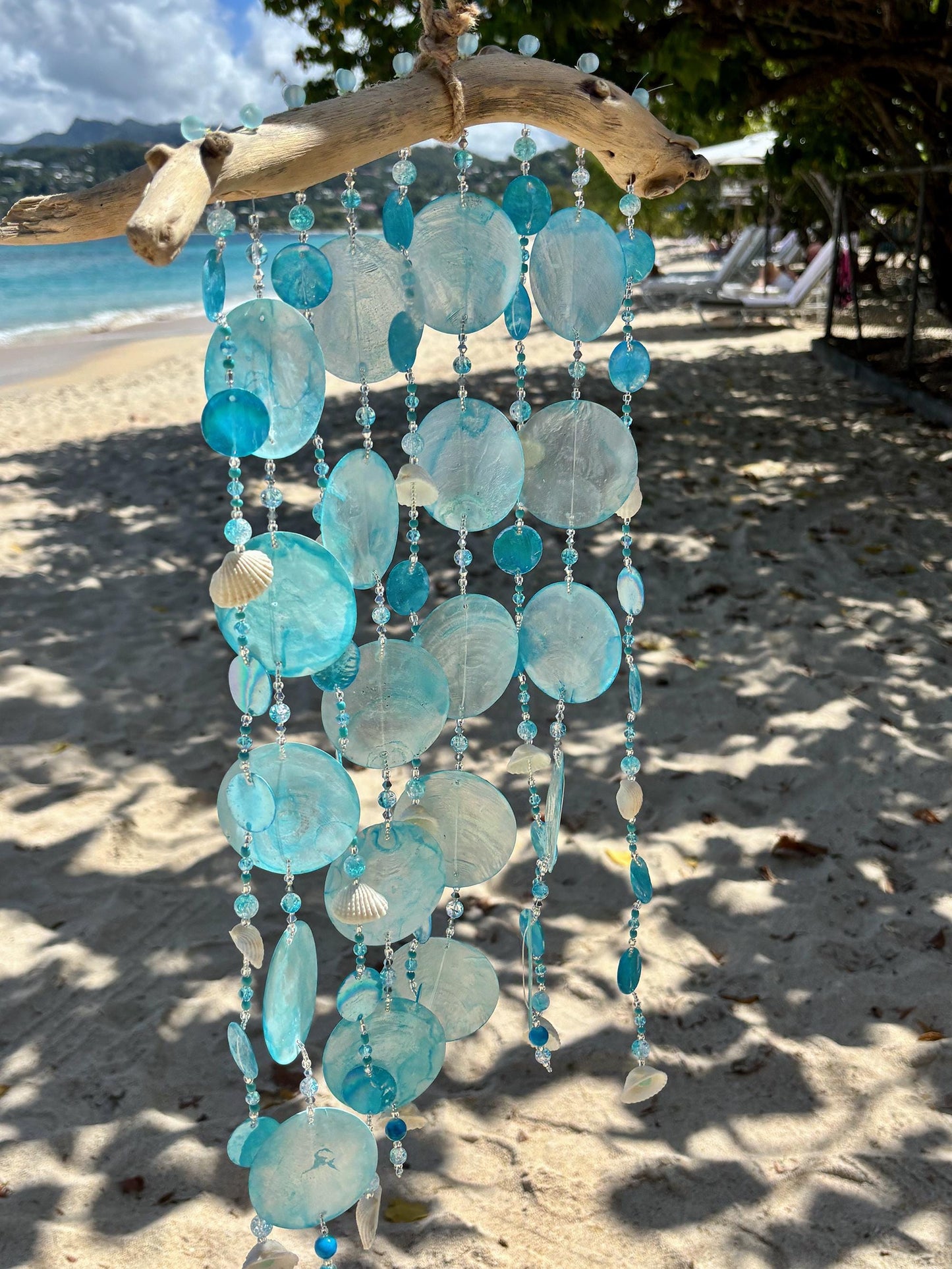 Capiz Shell wind chime with shells, glass beads on Driftwood.  Gift for Beach Lovers