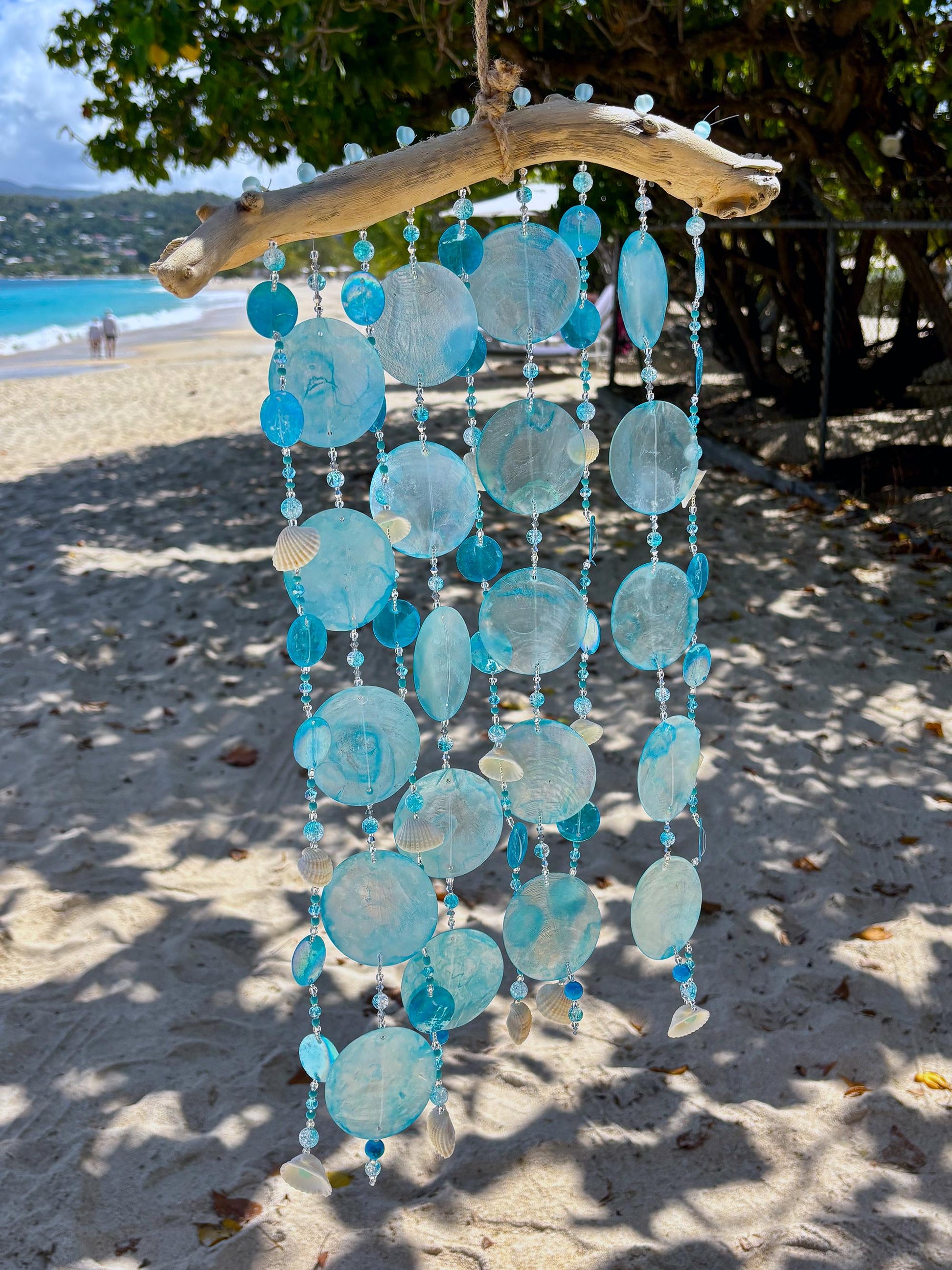 Capiz Shell wind chime with shells, glass beads on Driftwood.  Gift for Beach Lovers