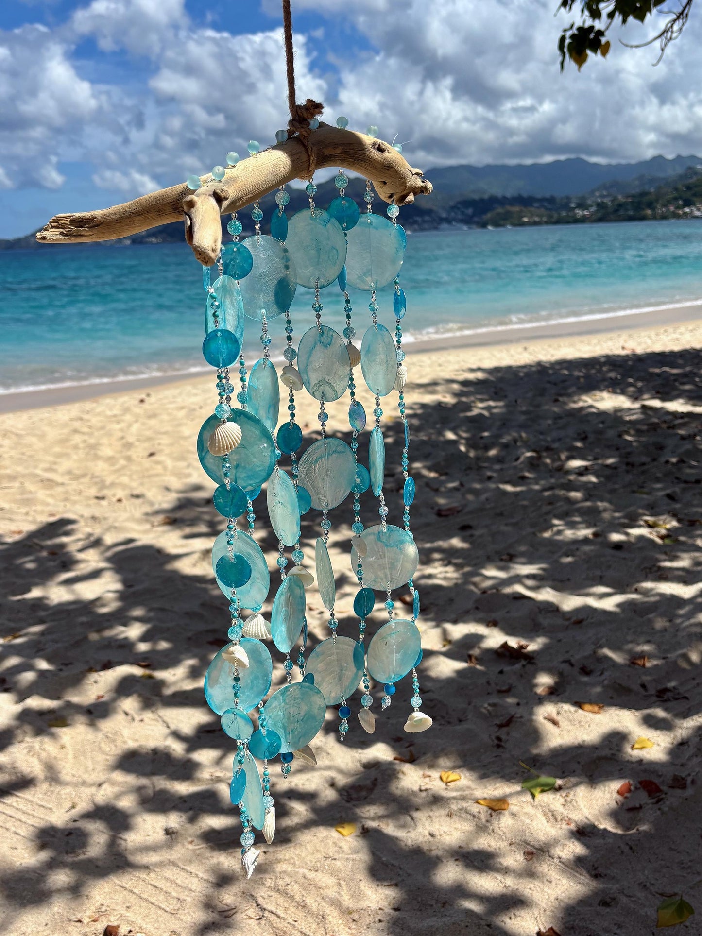 Capiz Shell wind chime with shells, glass beads on Driftwood.  Gift for Beach Lovers