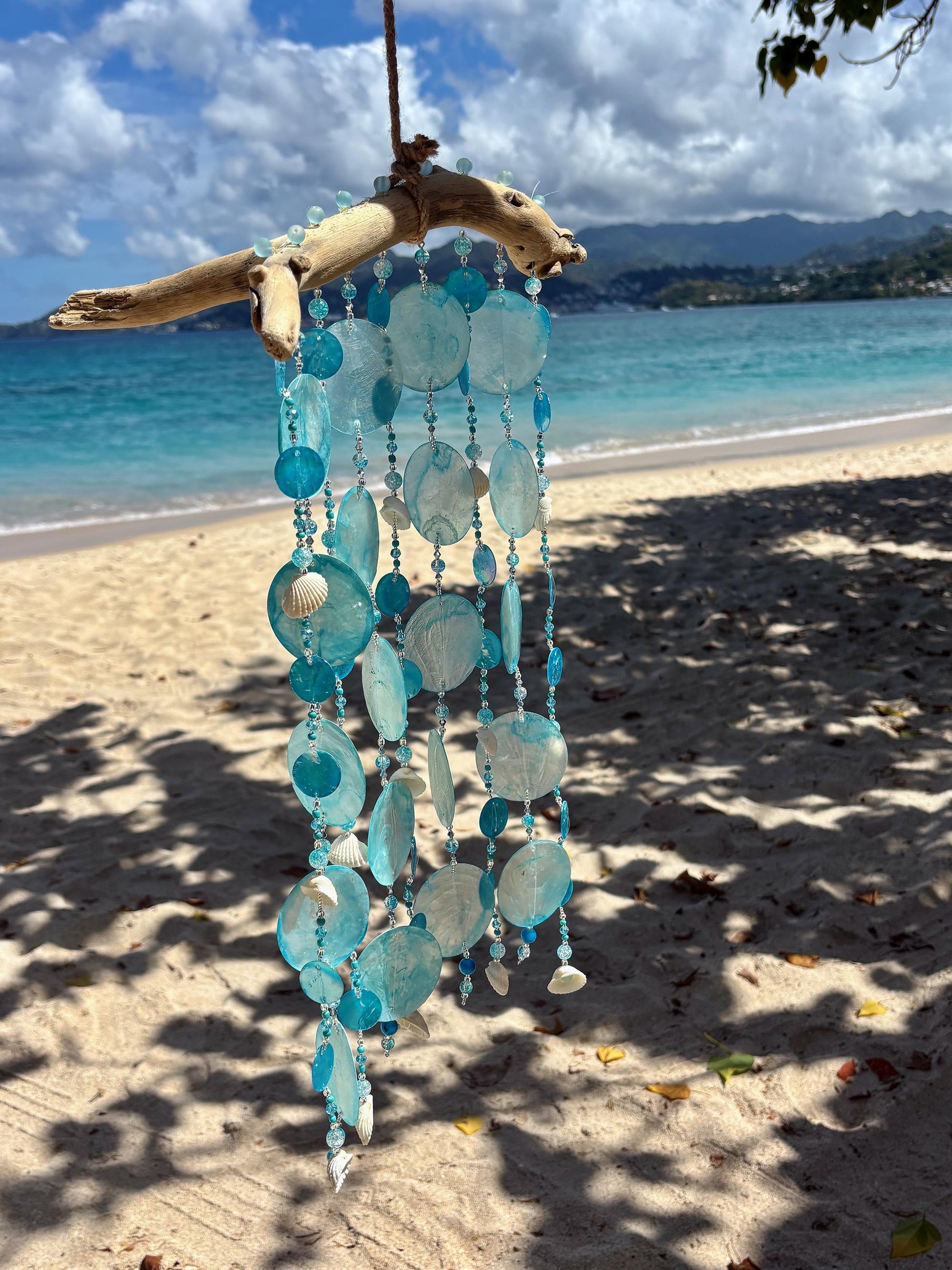 Capiz Shell wind chime with shells, glass beads on Driftwood.  Gift for Beach Lovers