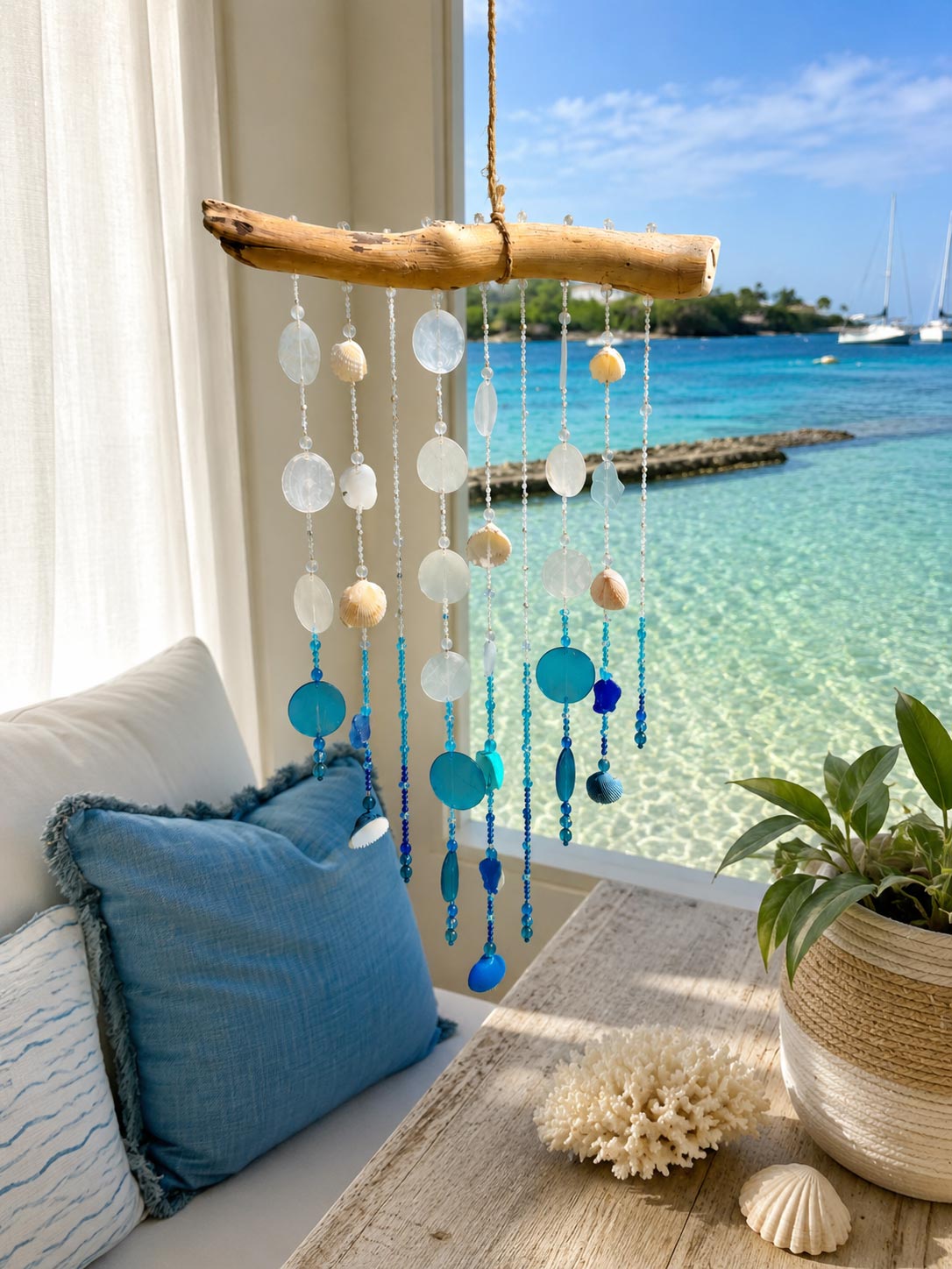 Caribbean Sparkle Driftwood Wind Chime handcrafted in Grenada