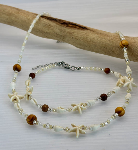 Necklace & Anklet set with starfish and wooden and glass beads