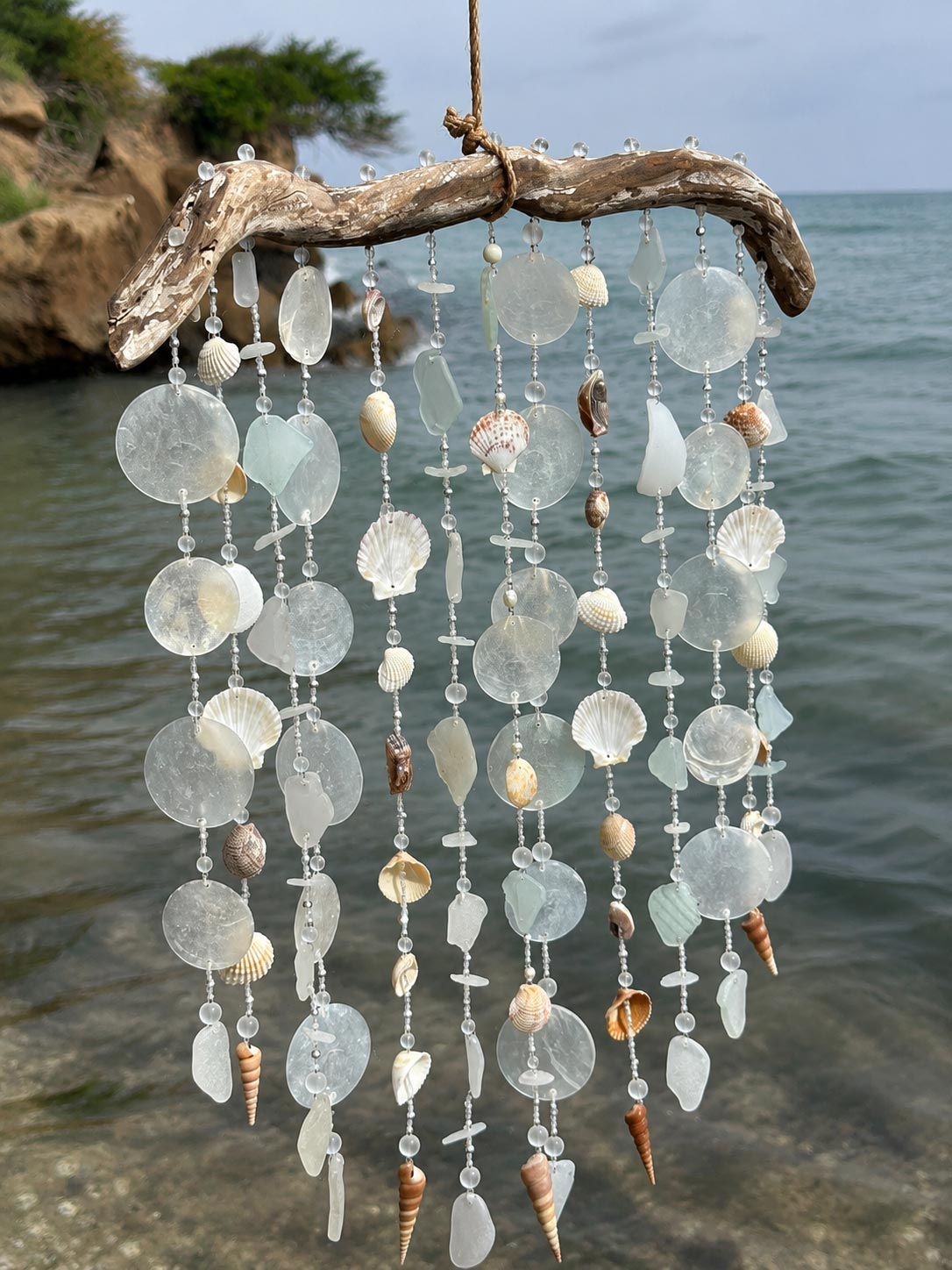 A beach-themed wind chime hanging from a natural driftwood branch, featuring glass discs, seashells, and small beads, set against a blurred ocean background.