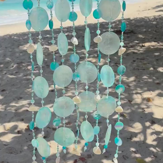 Capiz Shell wind chime with shells, glass beads on Driftwood.  Gift for Beach Lovers