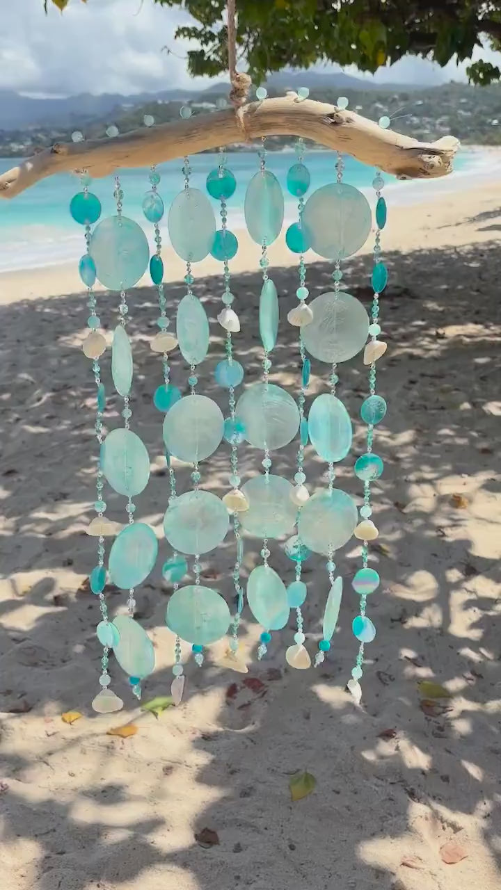 Capiz Shell wind chime with shells, glass beads on Driftwood.  Gift for Beach Lovers