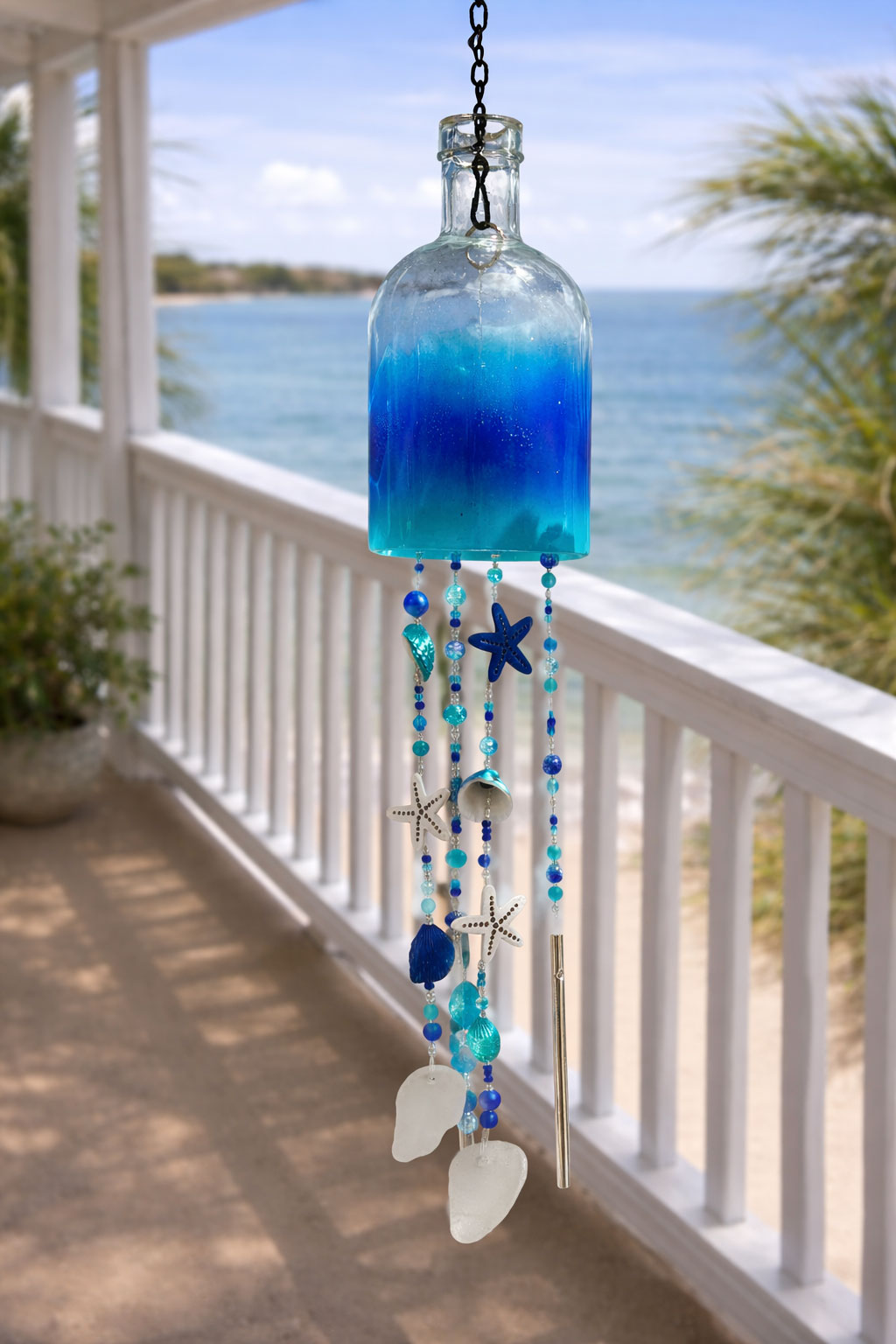 Rum Bottle Sea Glass, Shell Wind Chimes & Sun Catcher