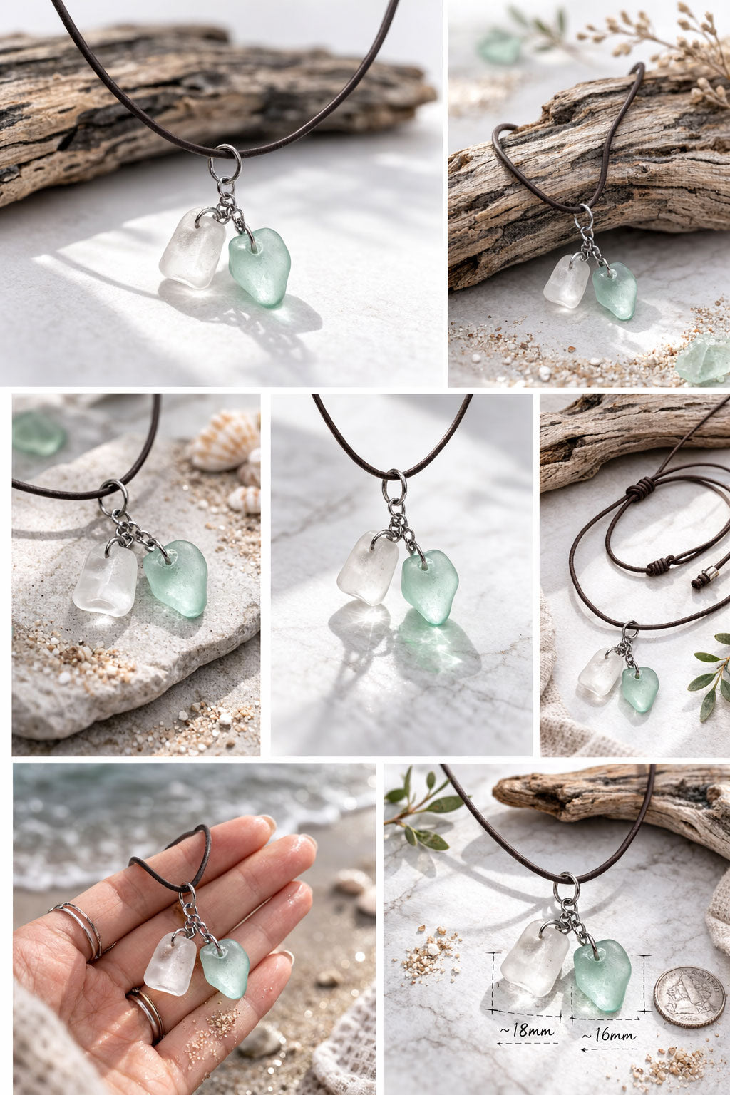 Genuine Sea Glass Double Pendant Necklace – White & Seafoam Green | One of a Kind