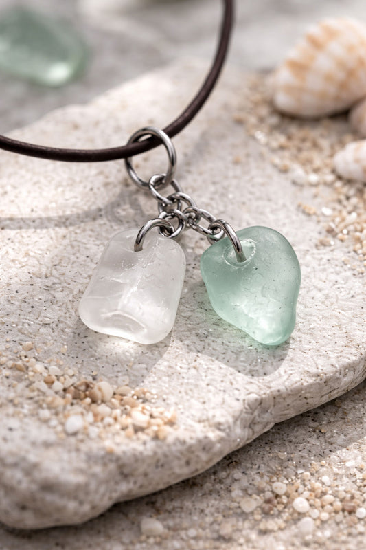 Genuine Sea Glass Double Pendant Necklace – White & Seafoam Green | One of a Kind