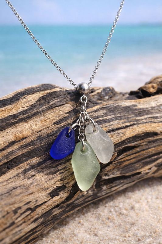 Genuine Sea Glass Triple Drop Necklace – Blue, White & Soft Green | One of a Kind