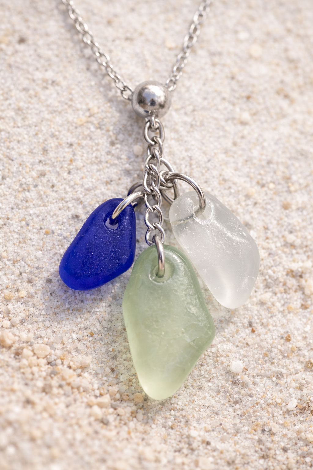 Genuine Sea Glass Triple Drop Necklace – Blue, White & Soft Green | One of a Kind