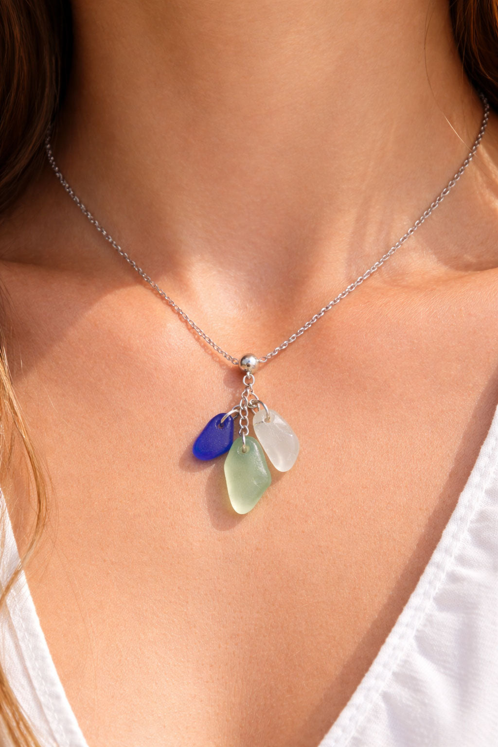 Genuine Sea Glass Triple Drop Necklace – Blue, White & Soft Green | One of a Kind